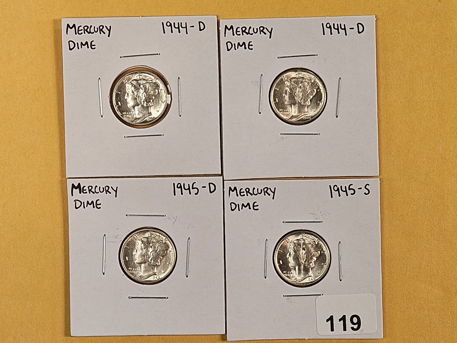 Four Very Choice to GEM Brilliant uncirculated Mercury silver Dimes: 1944-D, 1945-D and 1945-S 