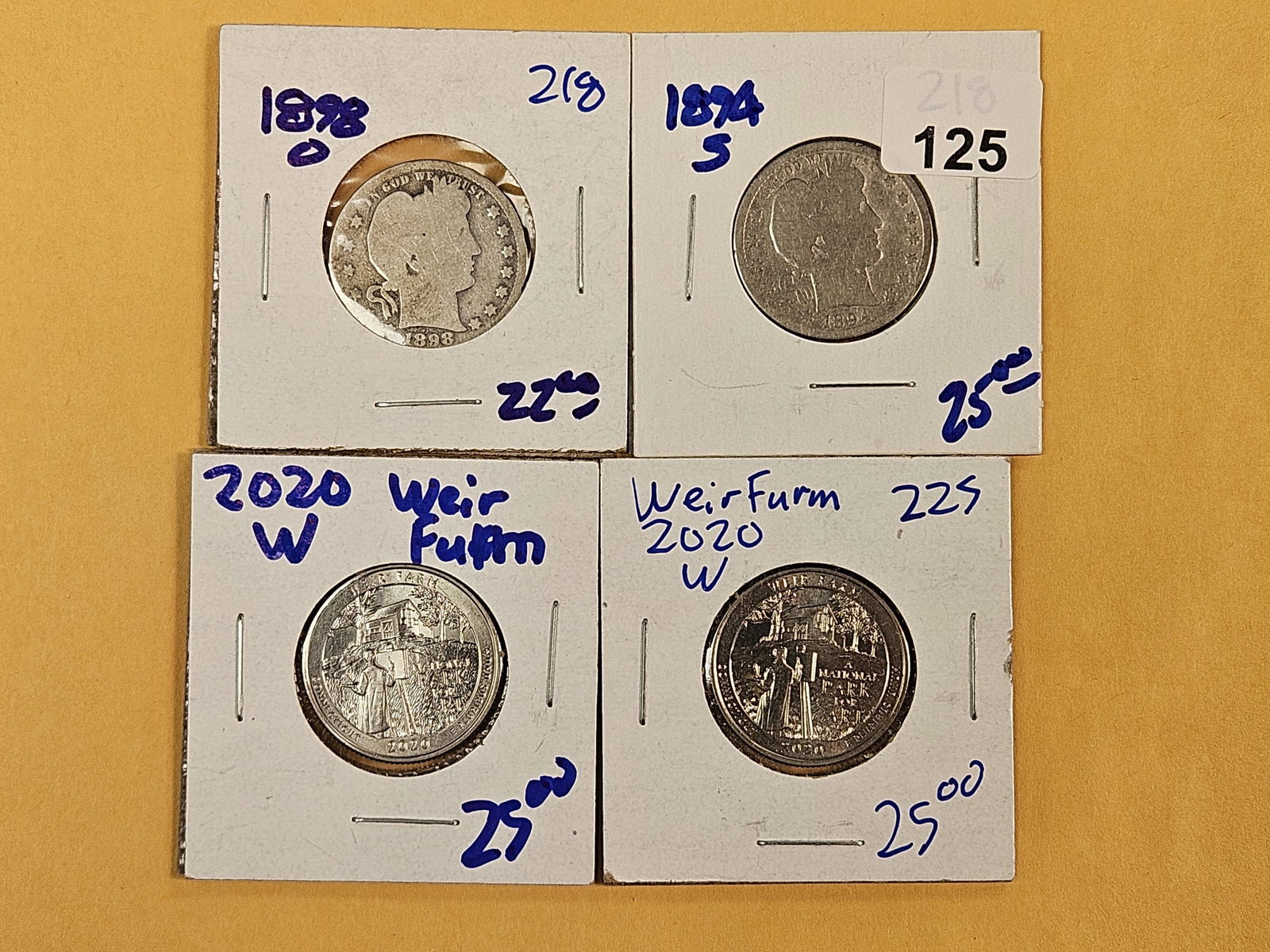 Four mixed Quarters: Two silver Barber and two West Point mint 