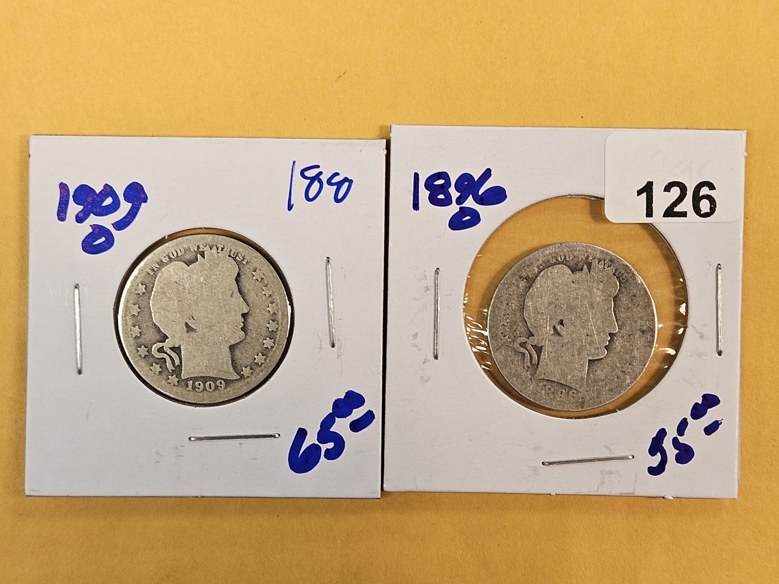 Two better date New Orleans mint Barber silver quarters: 1909-O and 1896-O 