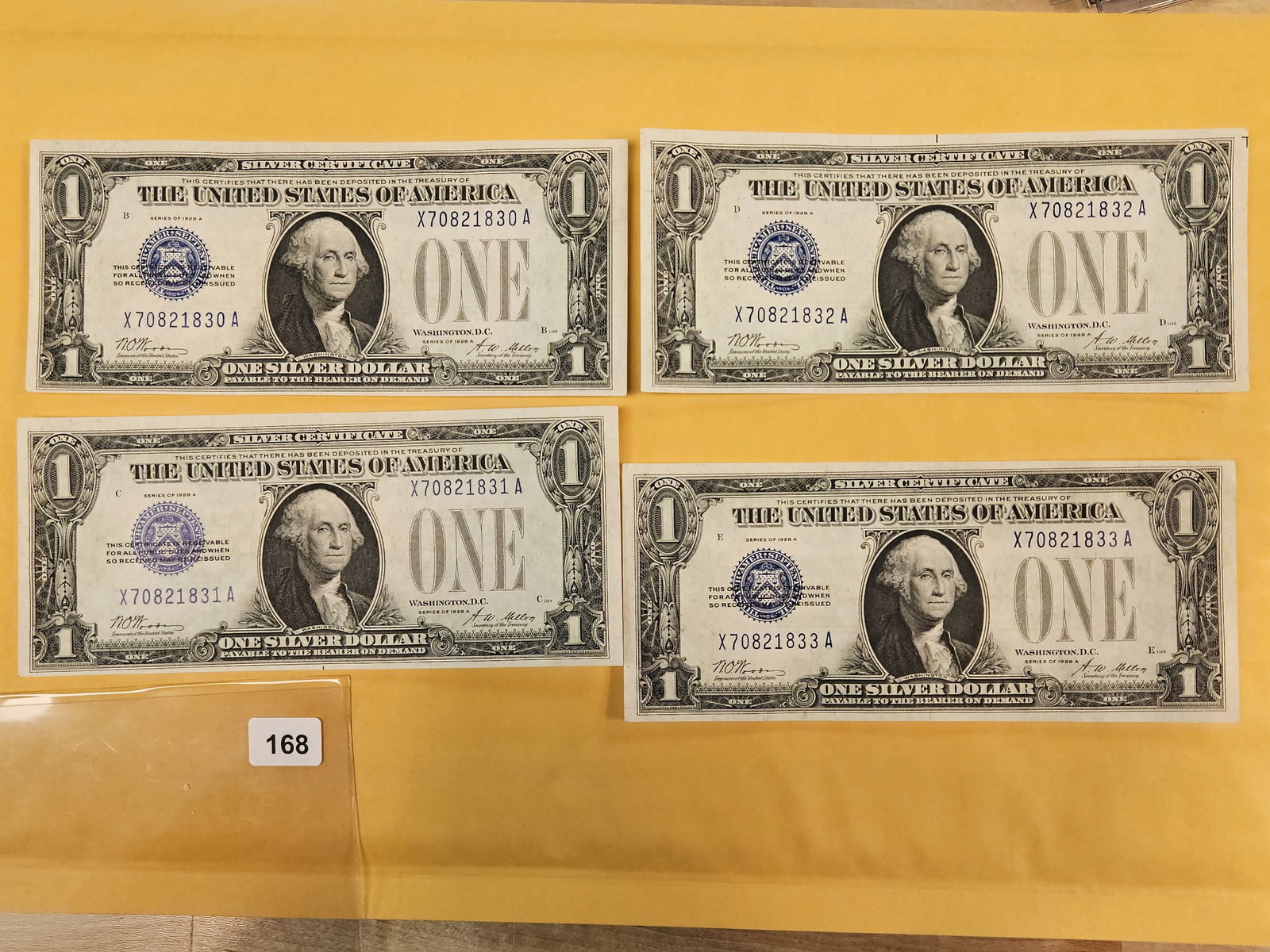 ** RARE SET ** Four Crisp Uncirculated CONSECUTIVE FUNNY BACKS!!!: Series 1928-A. Sequential notes. Four CU FUNNY BACK Silver Certificates!