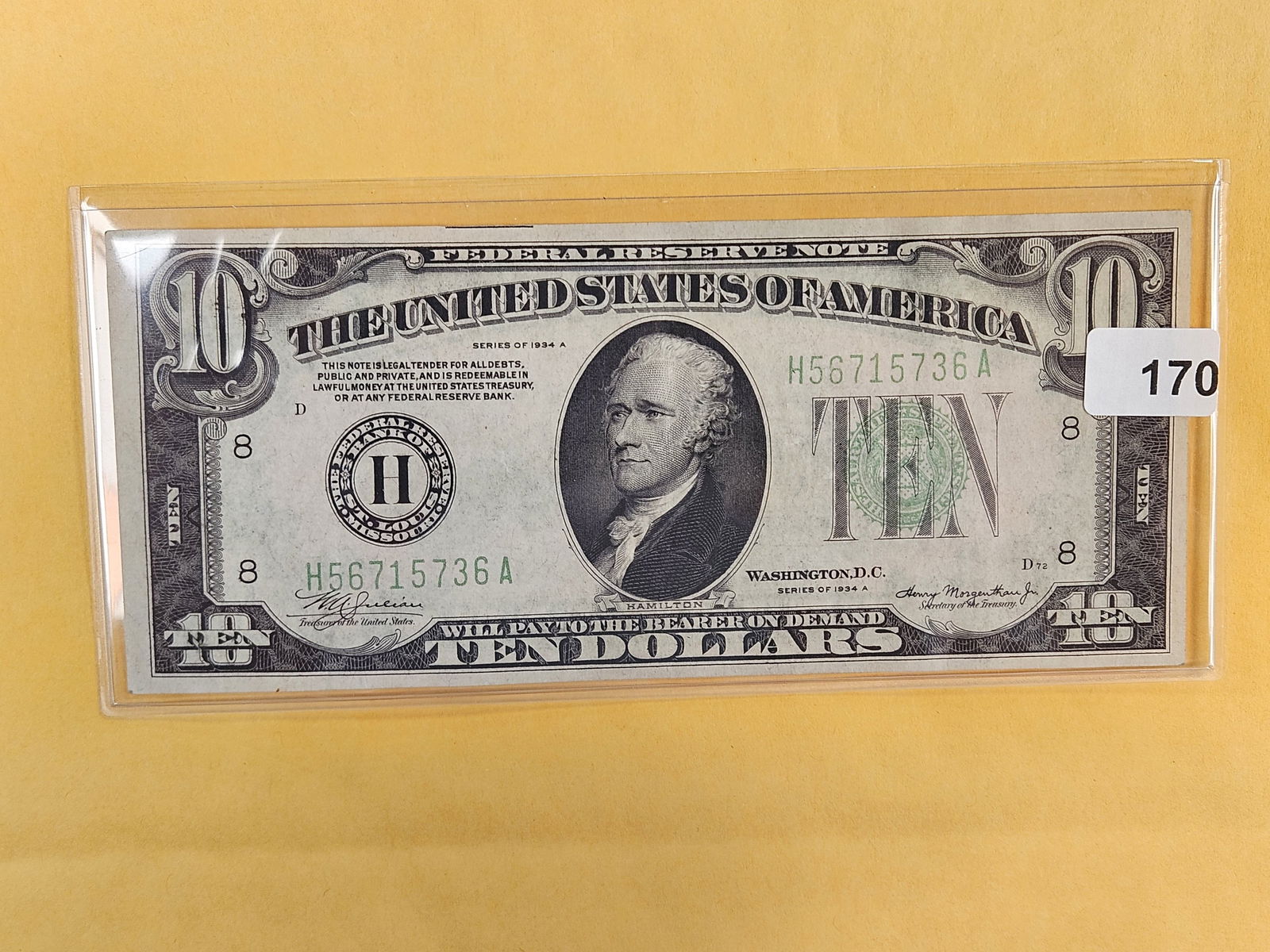 Series of 1934-A Ten Dollar Green Seal FRN: Looks Crisp AU-UNC 