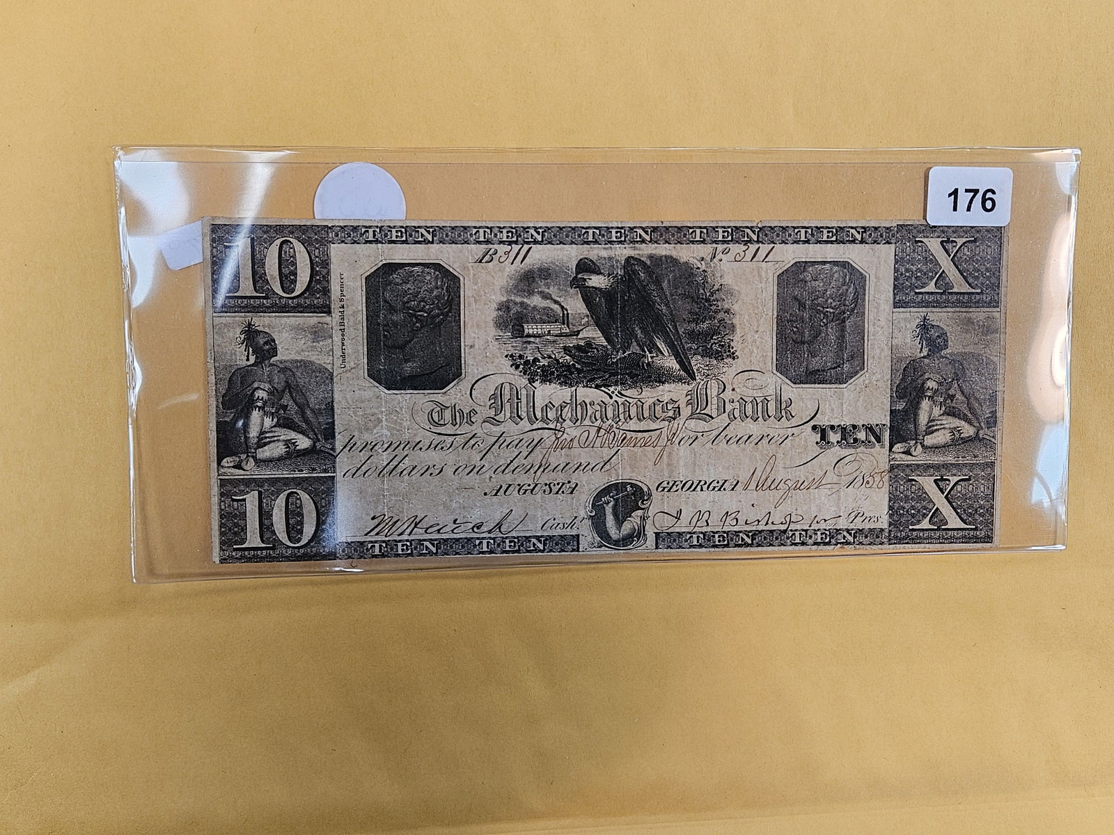 1858 Mechanics Bank Ten Dollars: Augustu Georgia
