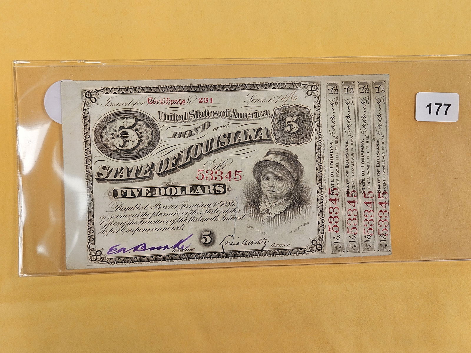 1874/6 State of Louisiana Five Dollar BABY BOND: Has coupons remaining 