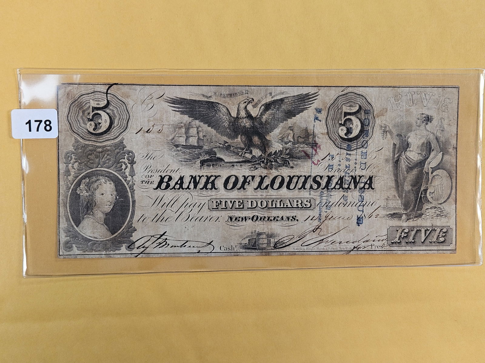1862 Bank of Louisiana Five Dollars: New Orleans