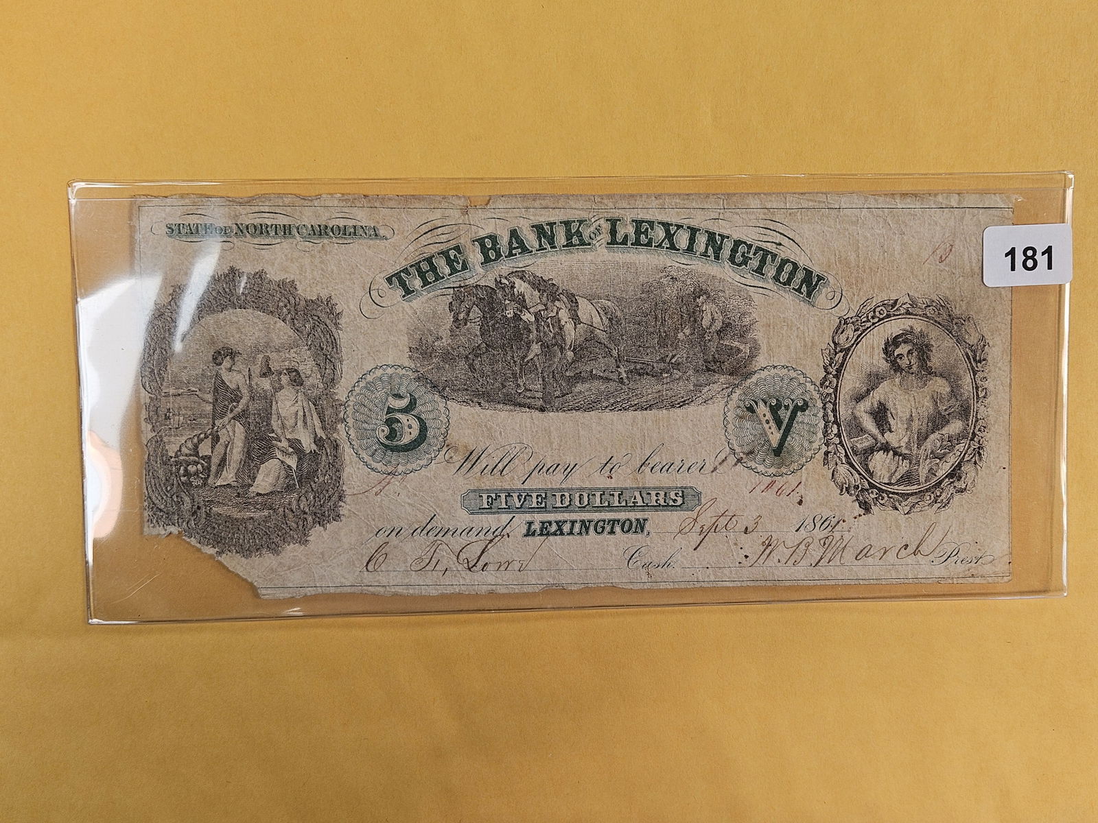 1861 Bank of Lexington Five Dollars: State of North Carolina