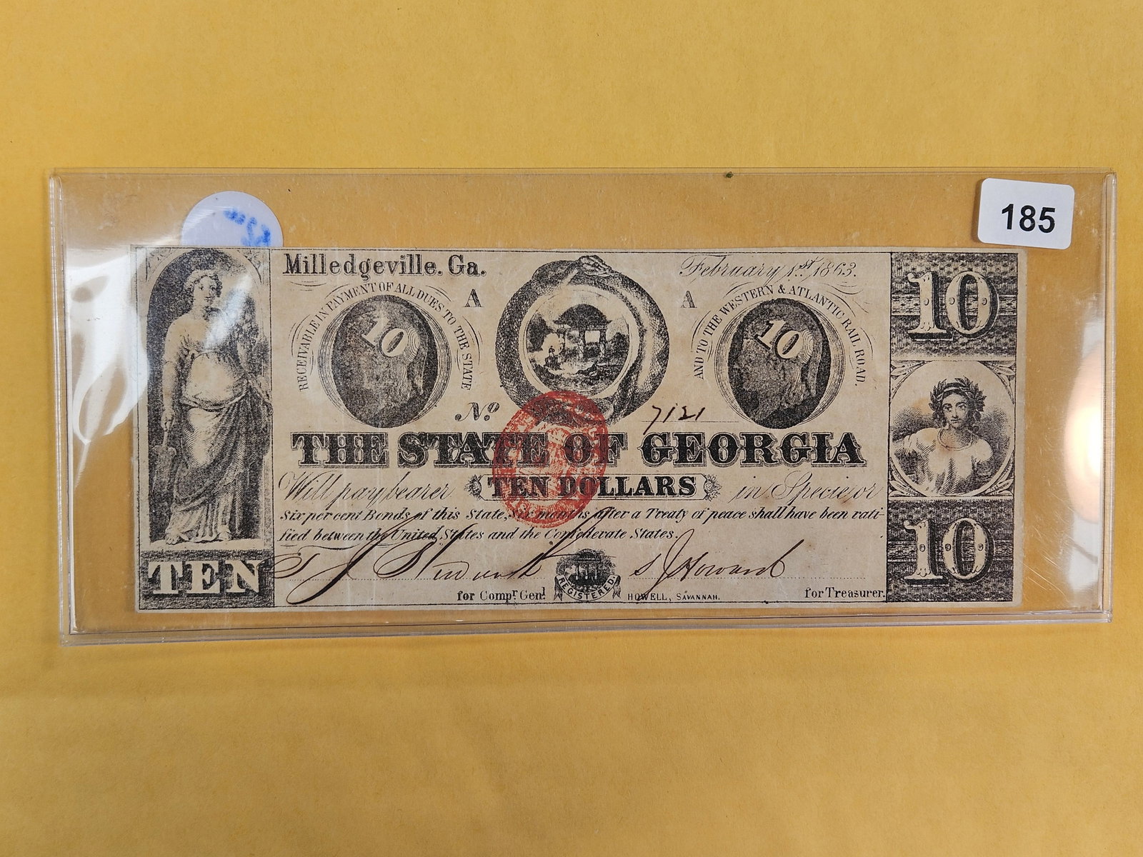 1863 State of Georgia Ten Dollars: Miledgeville 