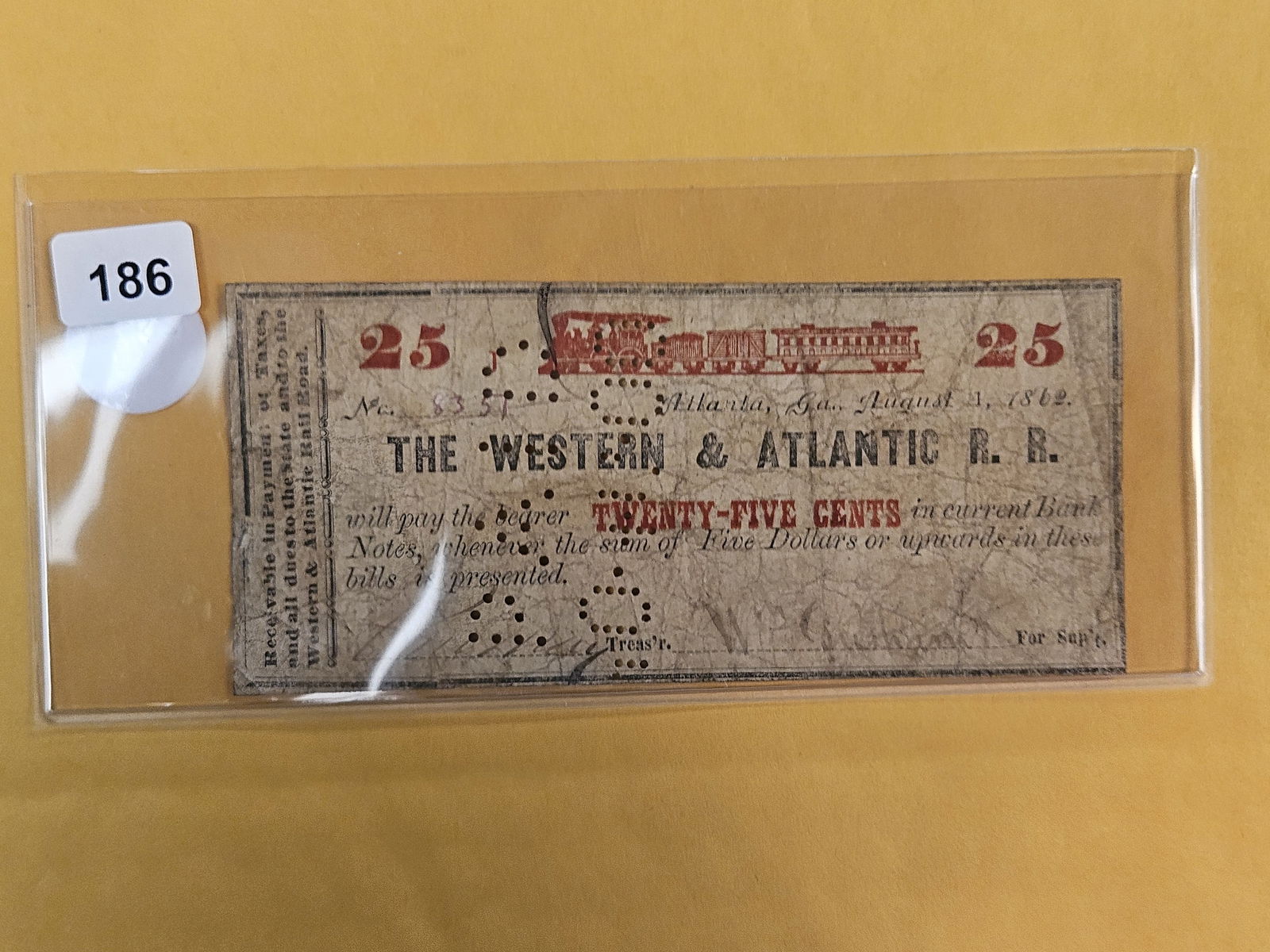 1862 The Western & Atlantic R.R. Twenty-five cents: Atlanta Georgia 