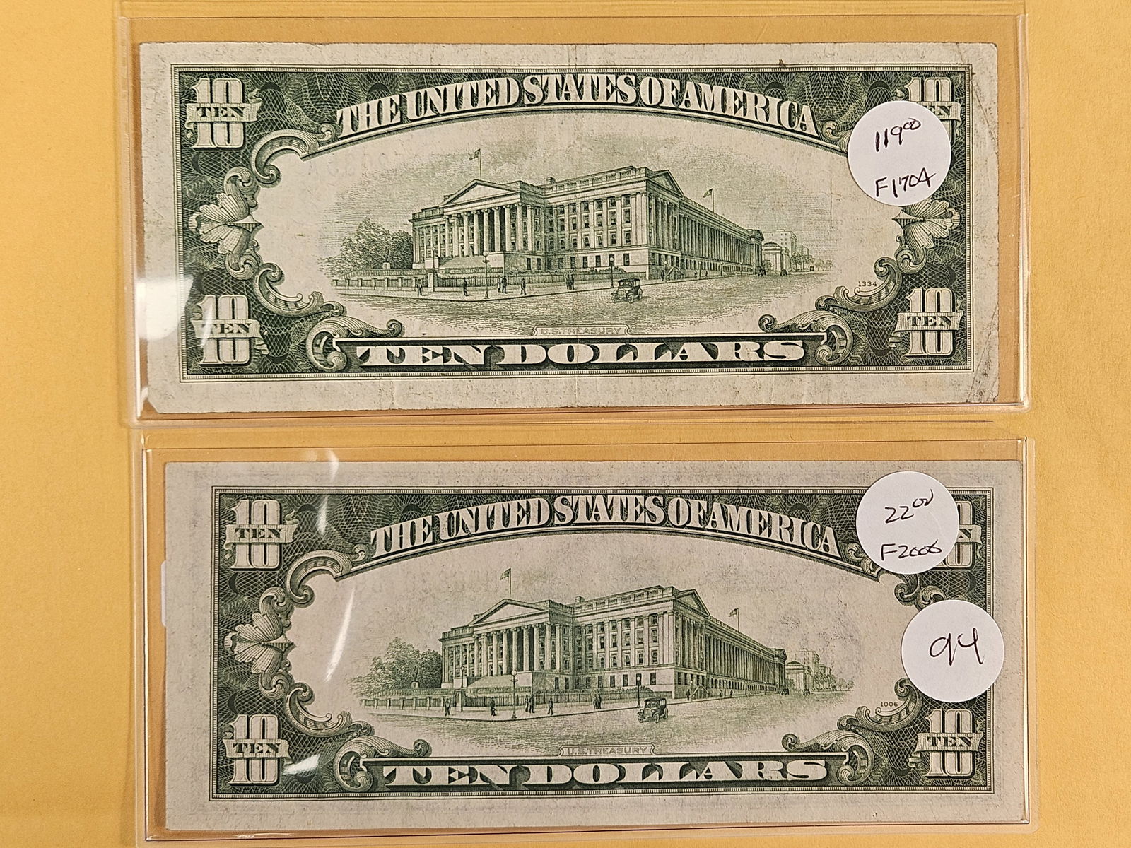 Two Series of 1934 Ten Dollar pieces of currency - 2