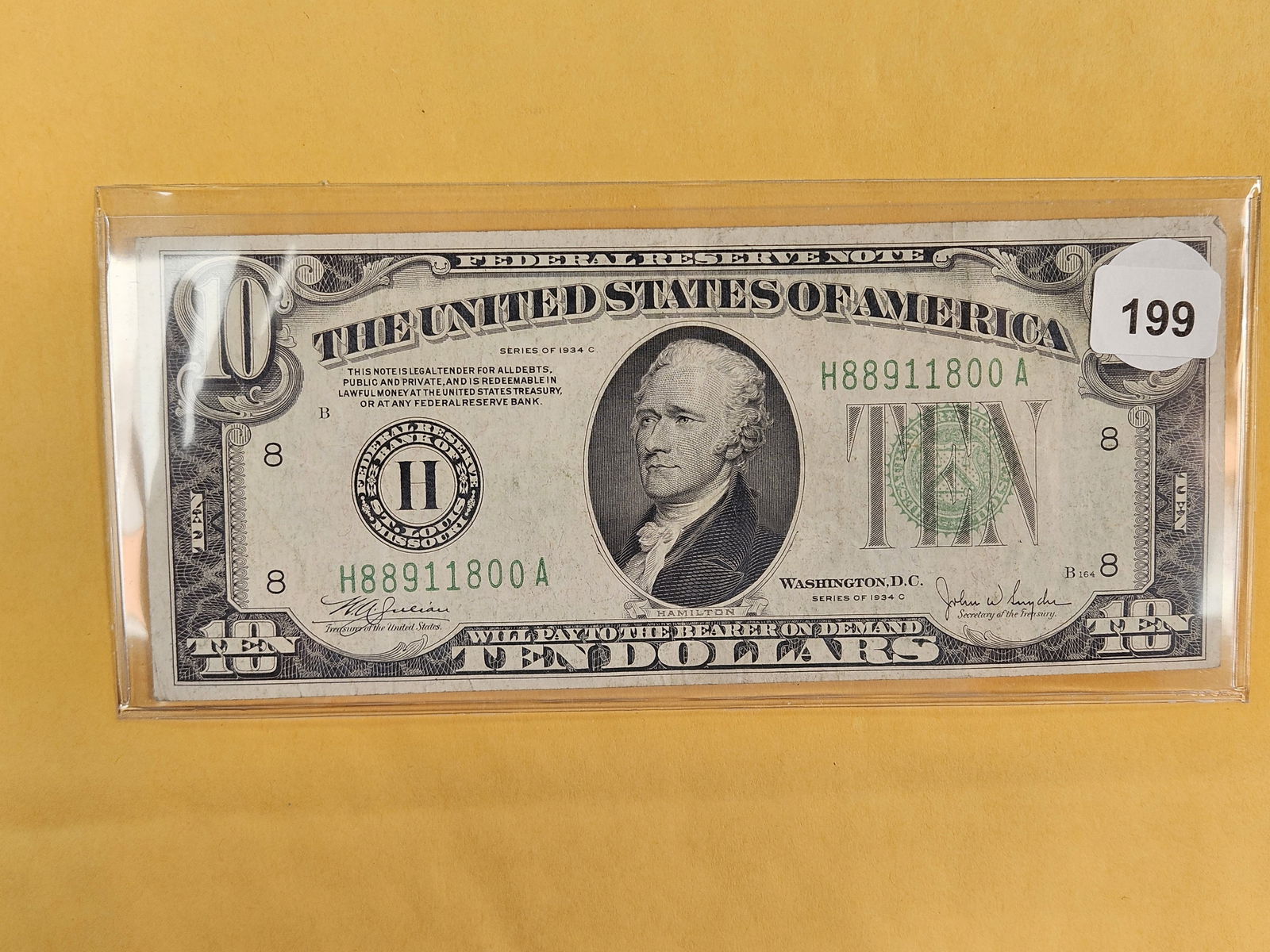 Series 1934-C Ten Dollar Green Seal FRN: Looks AU 