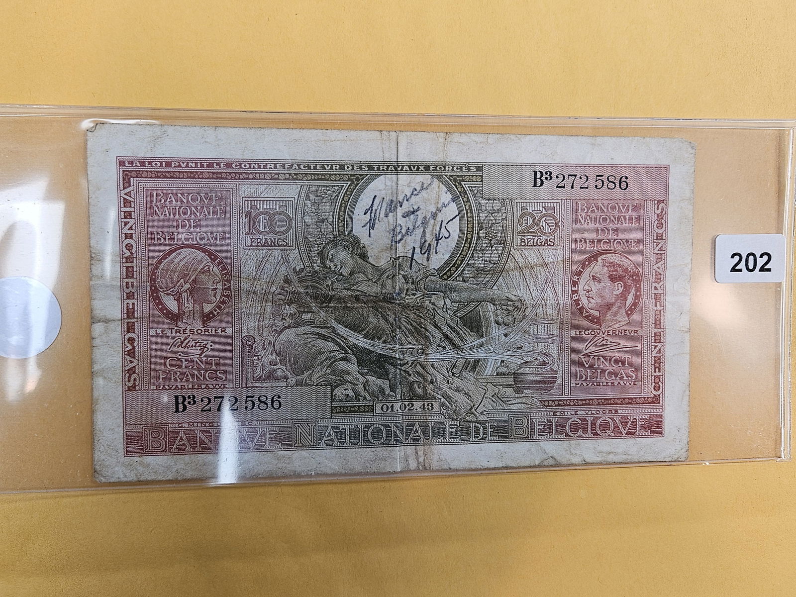 01.02.42 Belgium 100 francs: SHORT SNORTER 