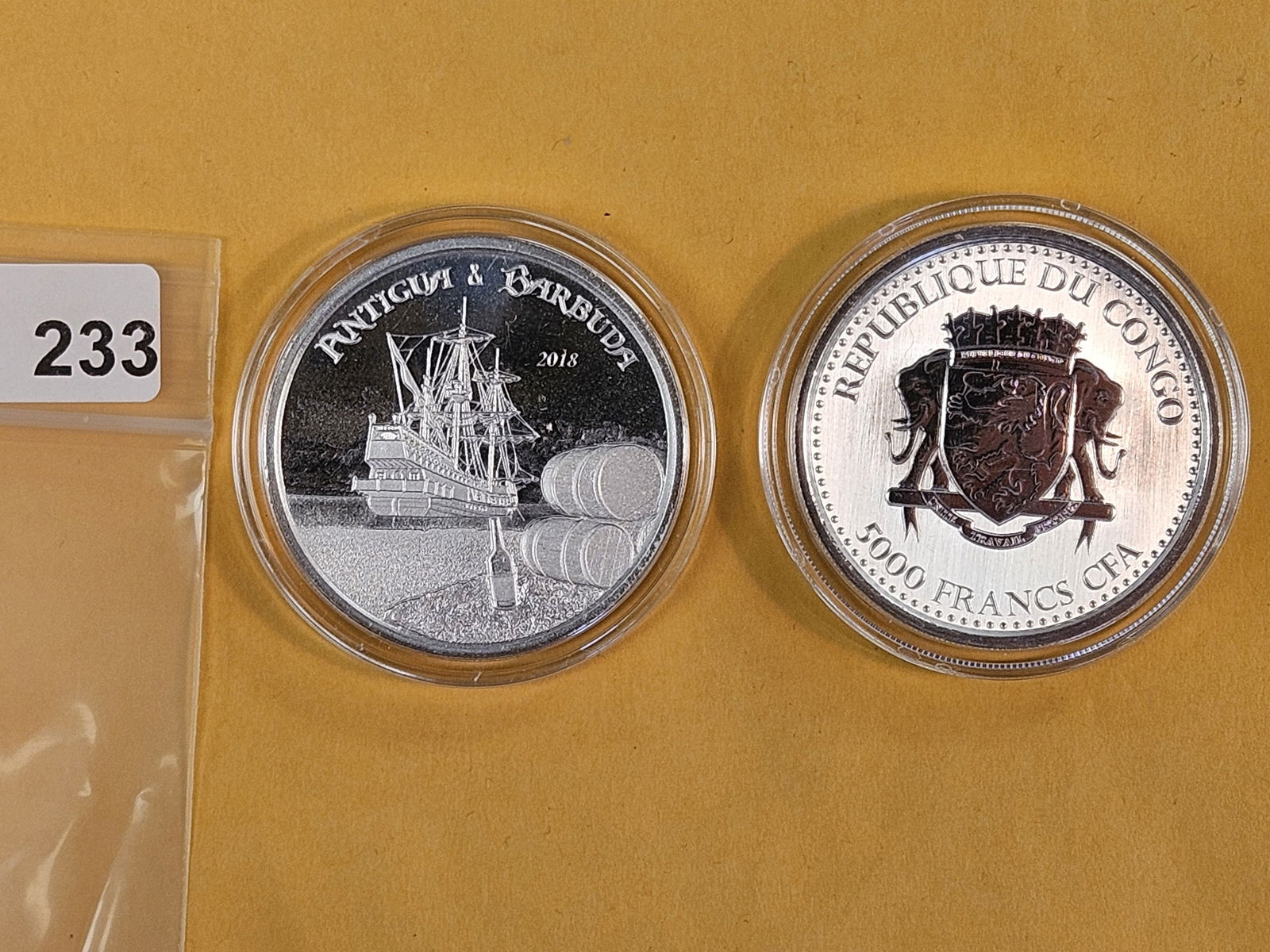 Two Silver 1 troy ounce .999 fine silver coins: Antigua and Barbuda and Congo 
