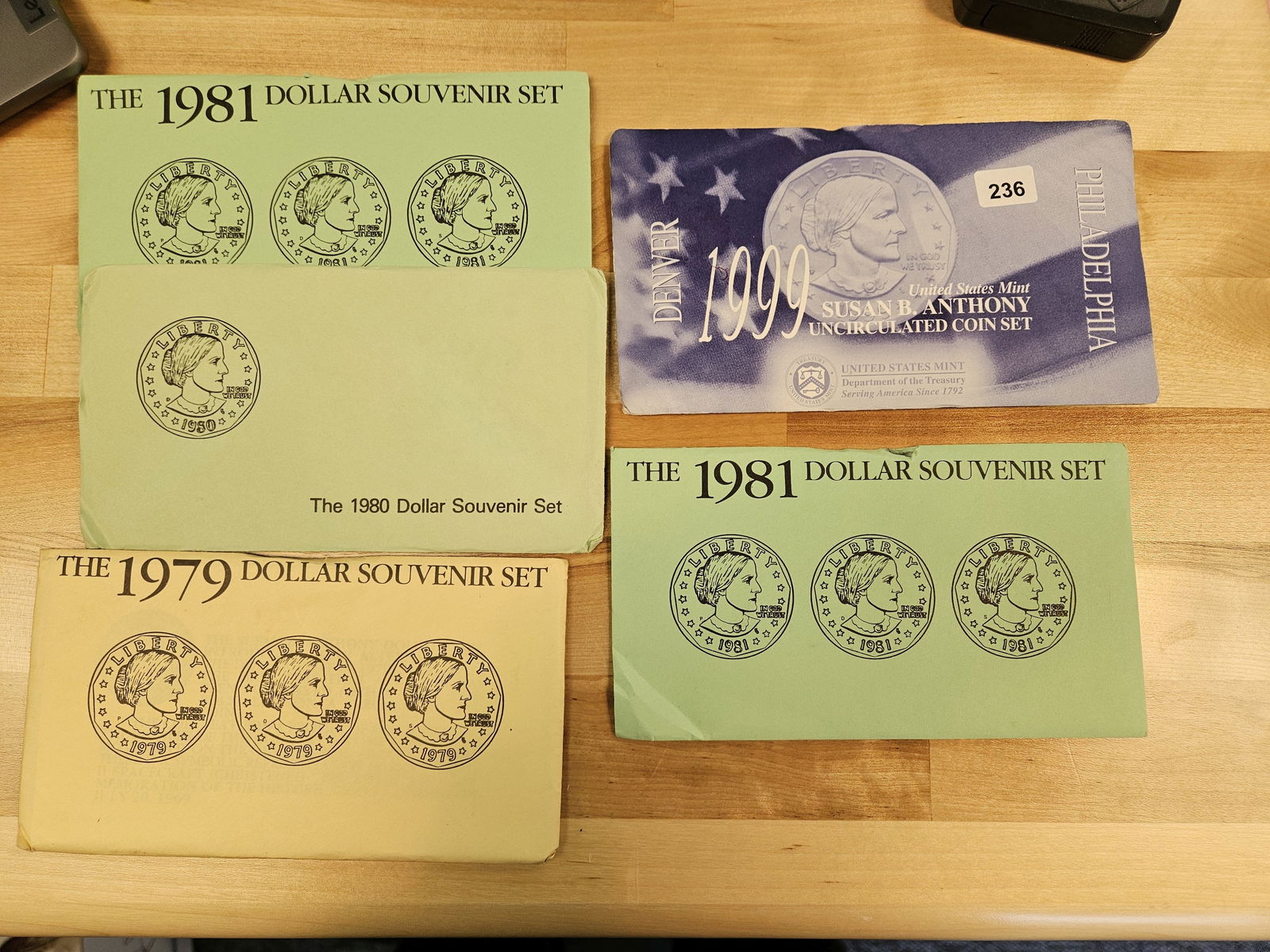 Five US Dollar Coin Sets: Souvenir sets and SBA set 