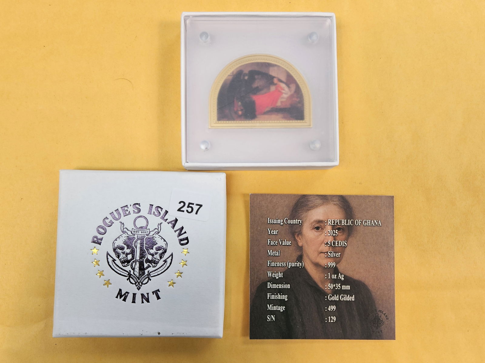 GEM 2025 Republic of Ghana Silver 5 cedis: In OGP with COA. Gold-gilded. Low mintage of only 499! Cool piece! Inside a frosted type of holder 