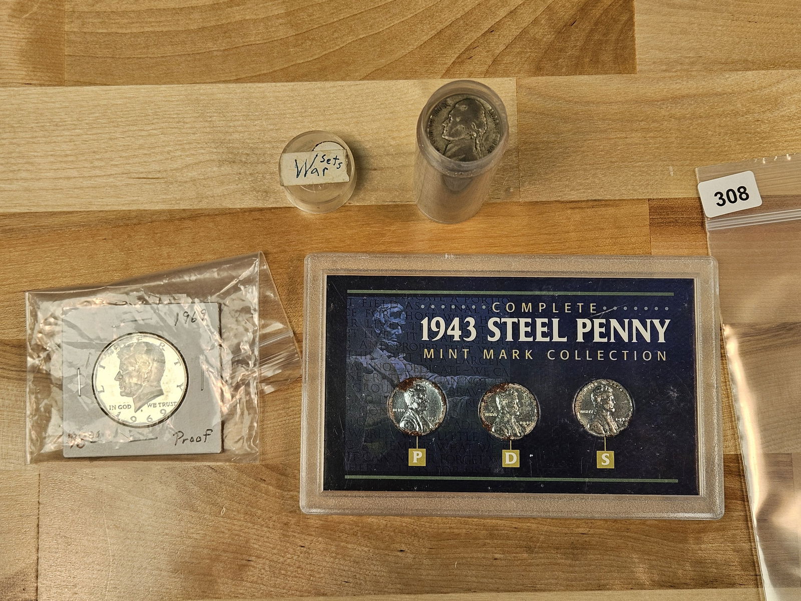 More mixed silver: Roll of silver Wartime Jefferson nickels, silver proof 40% half and some steelies 