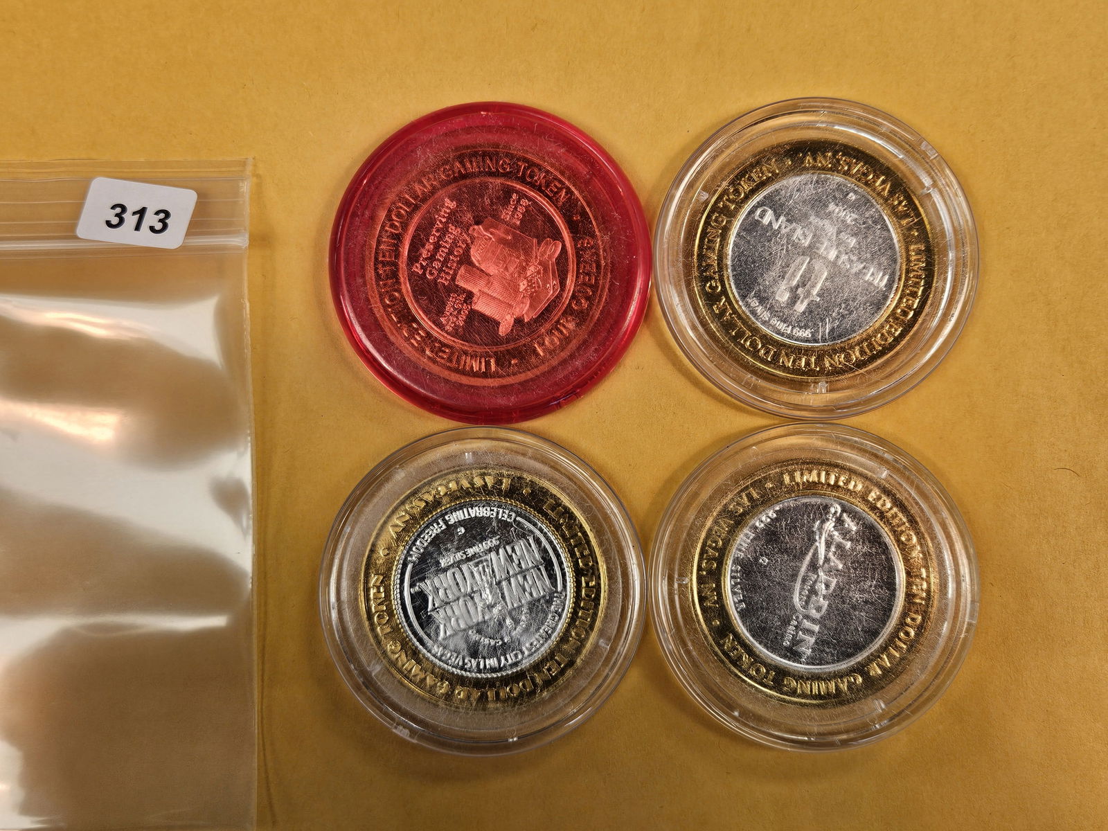 Four Ten Dollar .999 fine Silver Center Casino Gaming Tokens: Mixed 