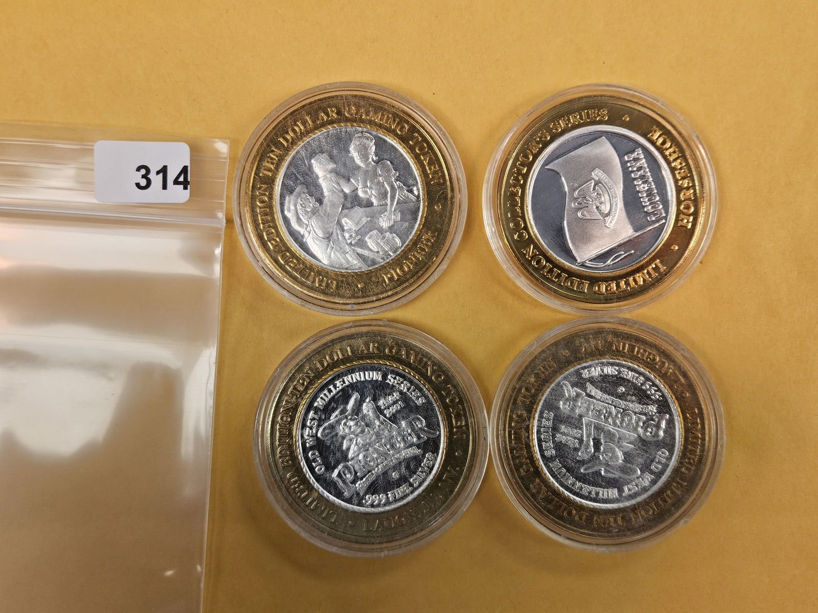 Four Ten Dollar .999 fine Silver Center Casino Gaming Tokens: Mixed 
