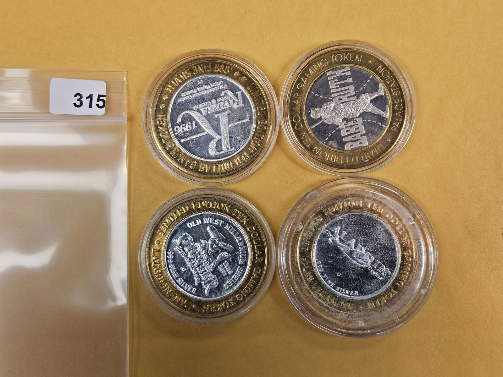 Four Ten Dollar .999 fine Silver Center Casino Gaming Tokens: Mixed 