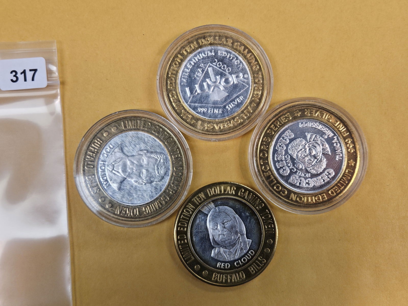Four Ten Dollar .999 fine Silver Center Casino Gaming Tokens: Mixed 