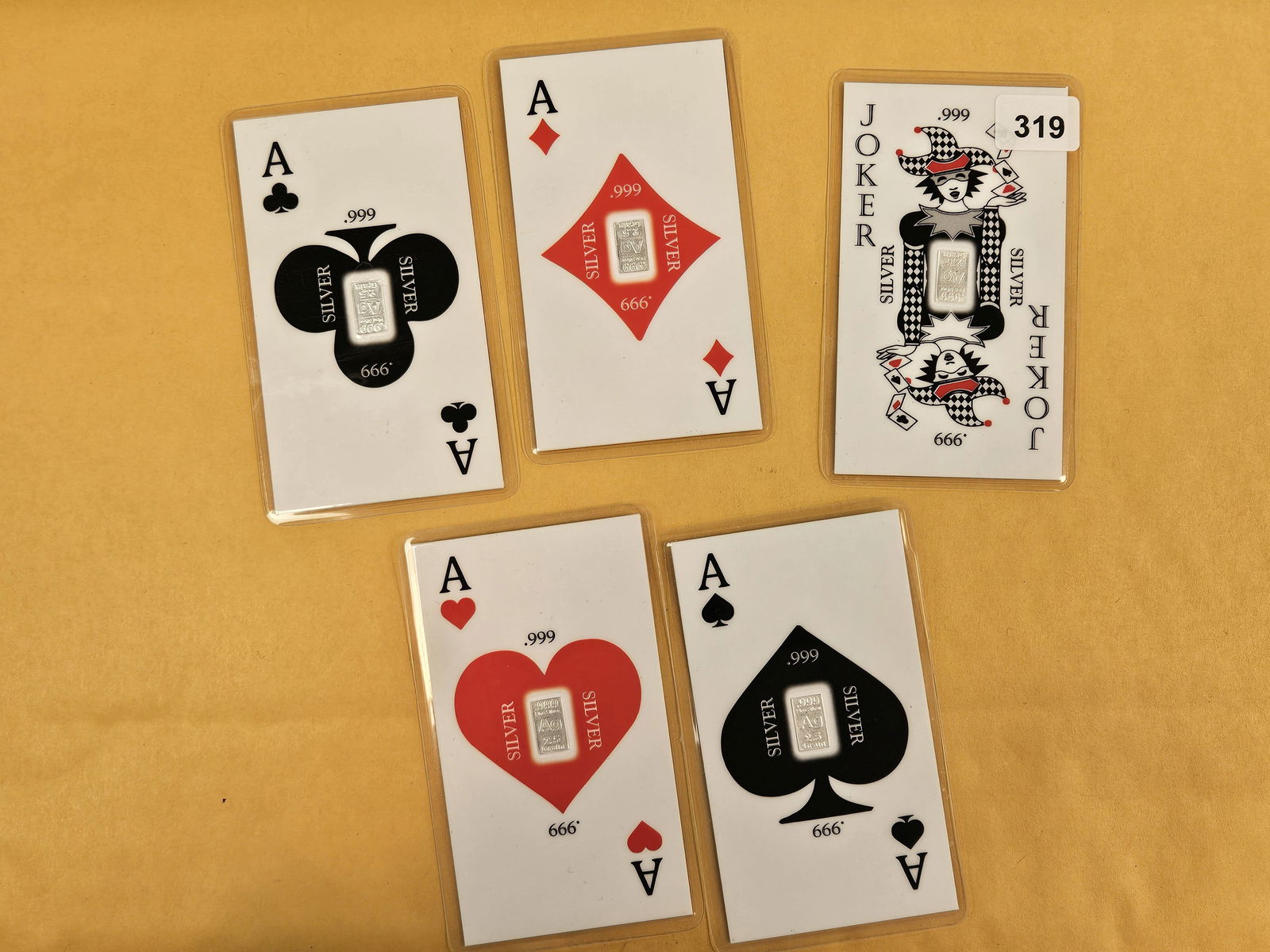 Five .999 fine silver Art Bars: Each is a playing card. Each one has 2.5 grains 