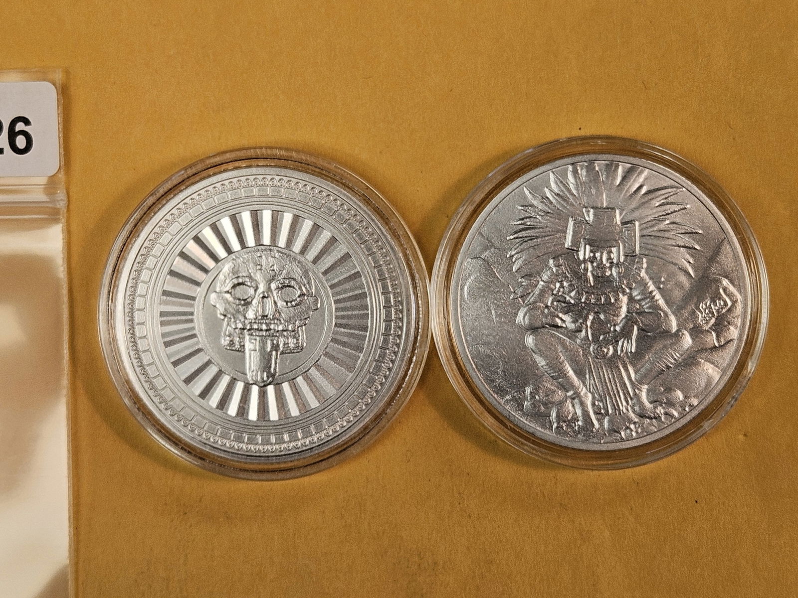 Two 1-troy ounce .999 fine silver art rounds: Aztec-y 