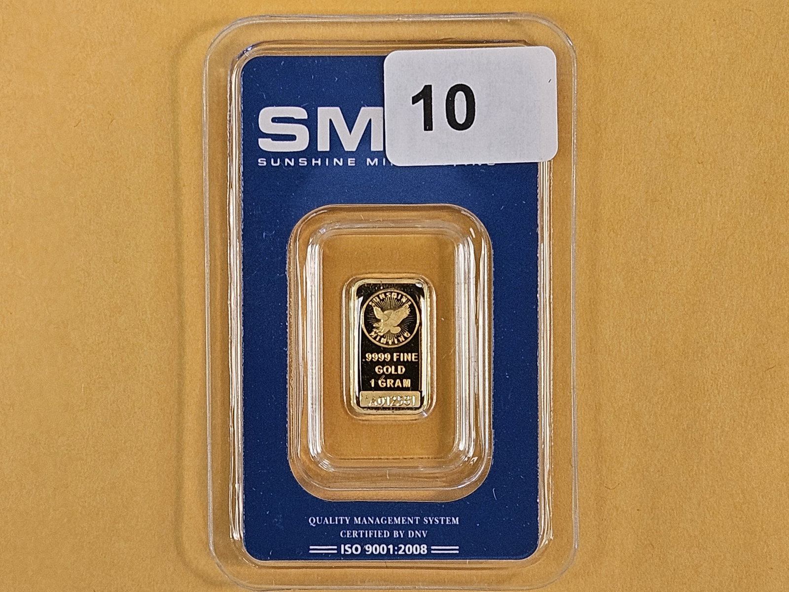 GOLD! Sunshine Minting, Inc One Gram .9999 fine gold bar: In original assay holder 