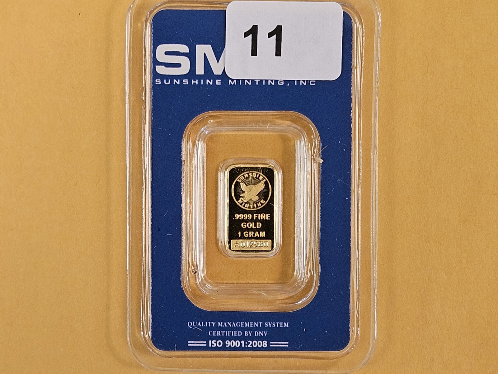 GOLD! Sunshine Minting, Inc One Gram .9999 fine gold bar: In original assay holder