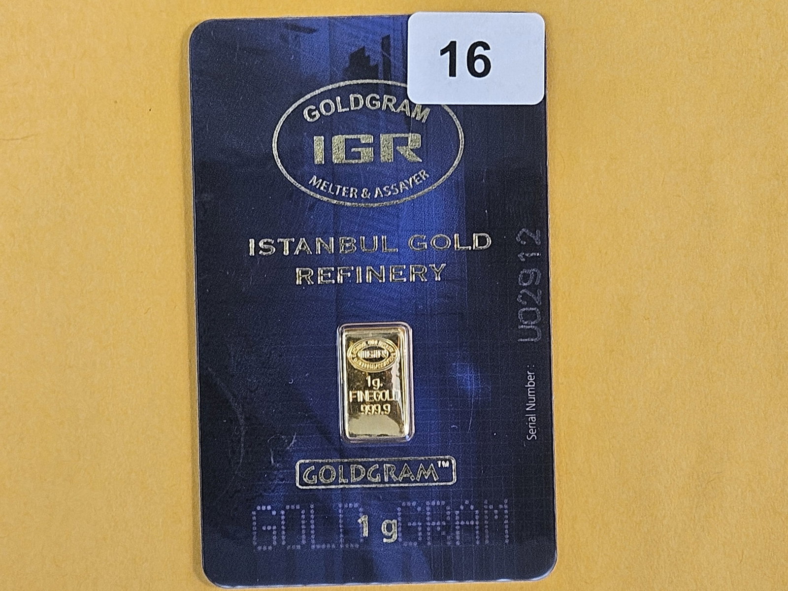 GOLD! IGR One Gram .9999 fine gold bar: In original assay holder