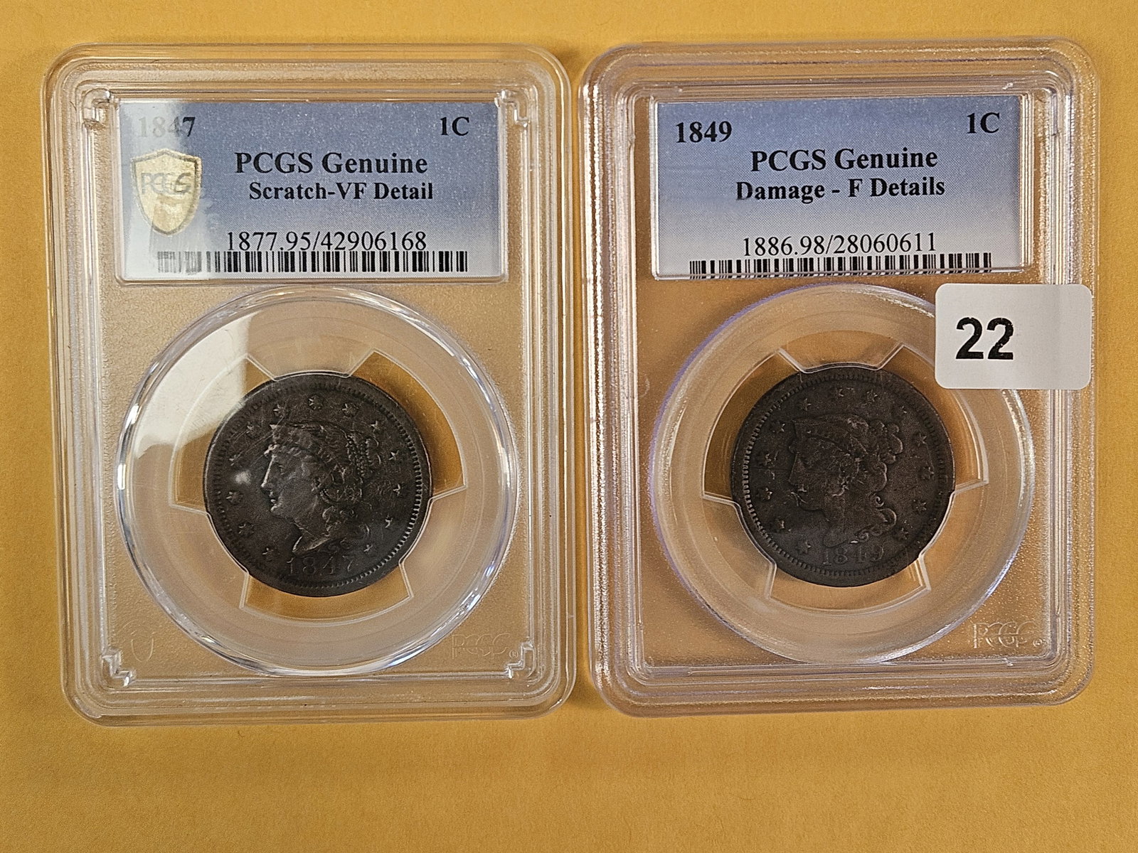 PCGS 1847 and 1849 Braided Hair Large Cents: In Very Fine and Fine. Both details 