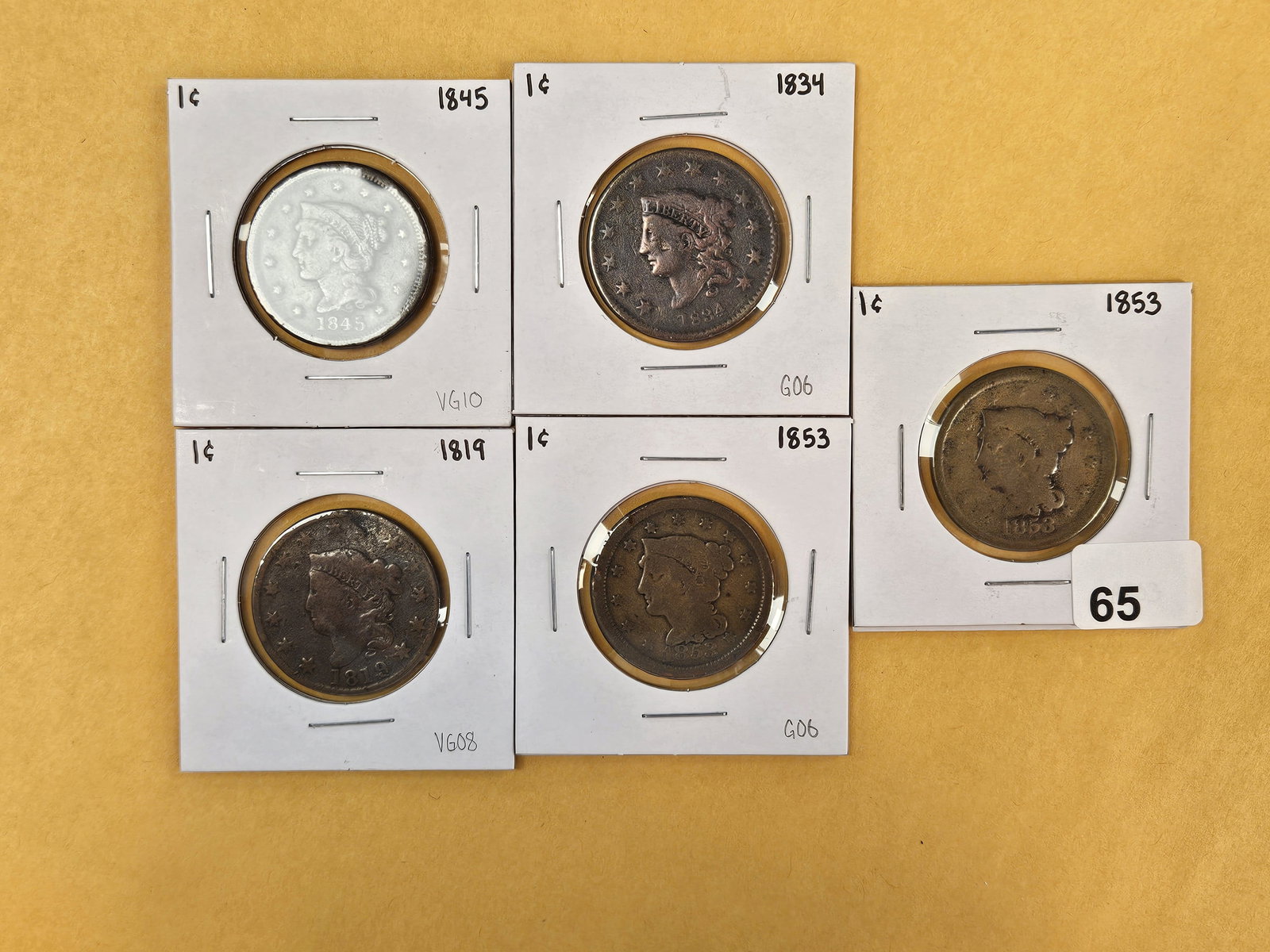 Five mixed Coronet and Braided Hair Large Cents: About Good through Very Good plus 