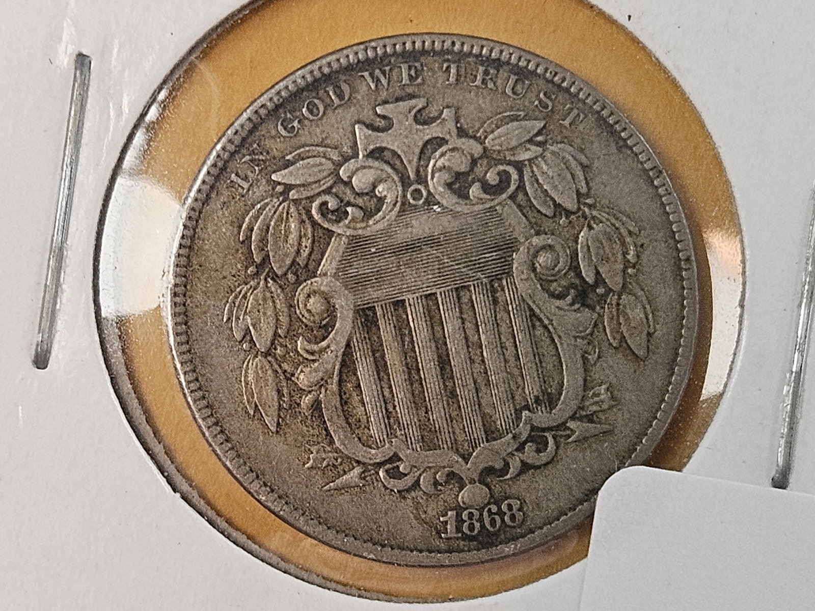 1868 Shield Nickel in Very Fine: Solid. 