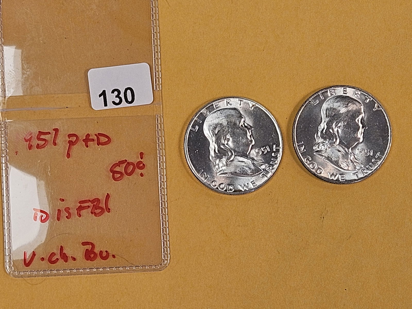 Two Very Choice Brilliant Uncirculated 1951 and 1951-D Franklin silver Half Dollars - 2
