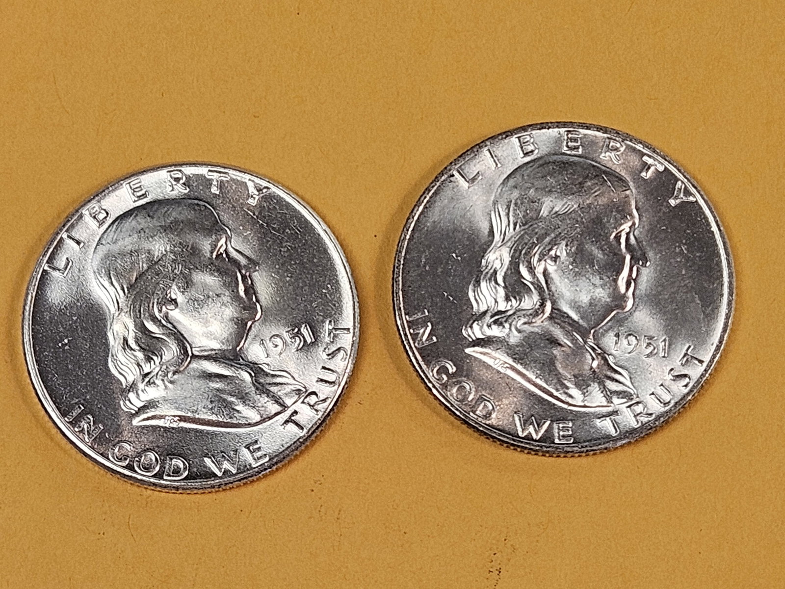 Two Very Choice Brilliant Uncirculated 1951 and 1951-D Franklin silver Half Dollars - 3