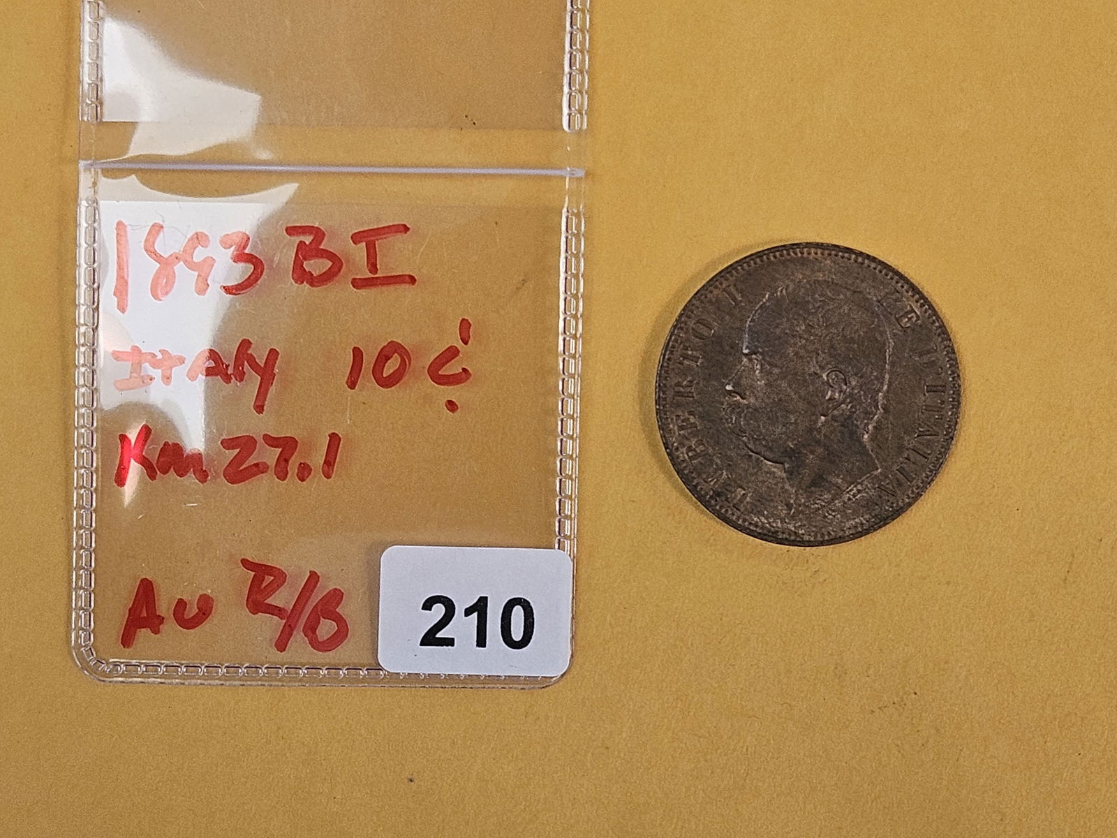 1893 BI Italy 10 cents in About Uncirculated Red-Brown - 2