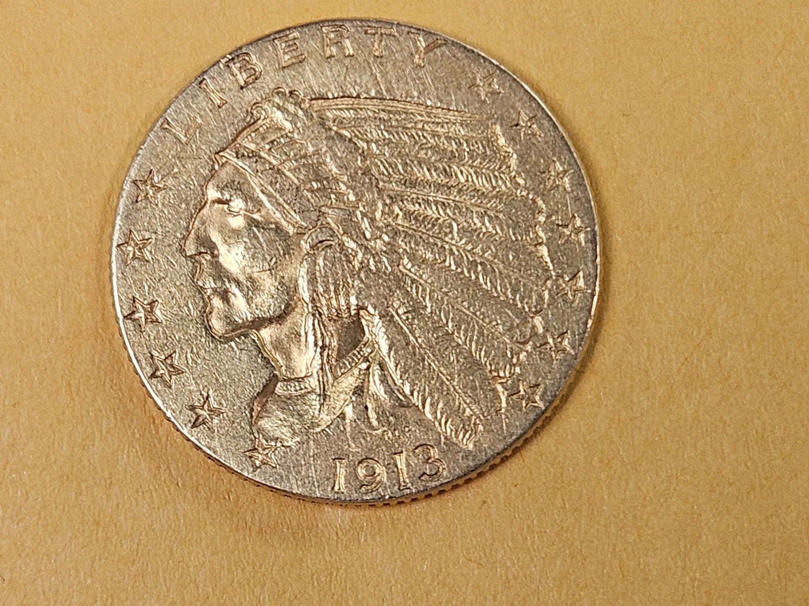 GOLD! Brilliant About Uncirculated plus 1913 Gold Indian head $2.5 Dollars: QuarterEagle 
