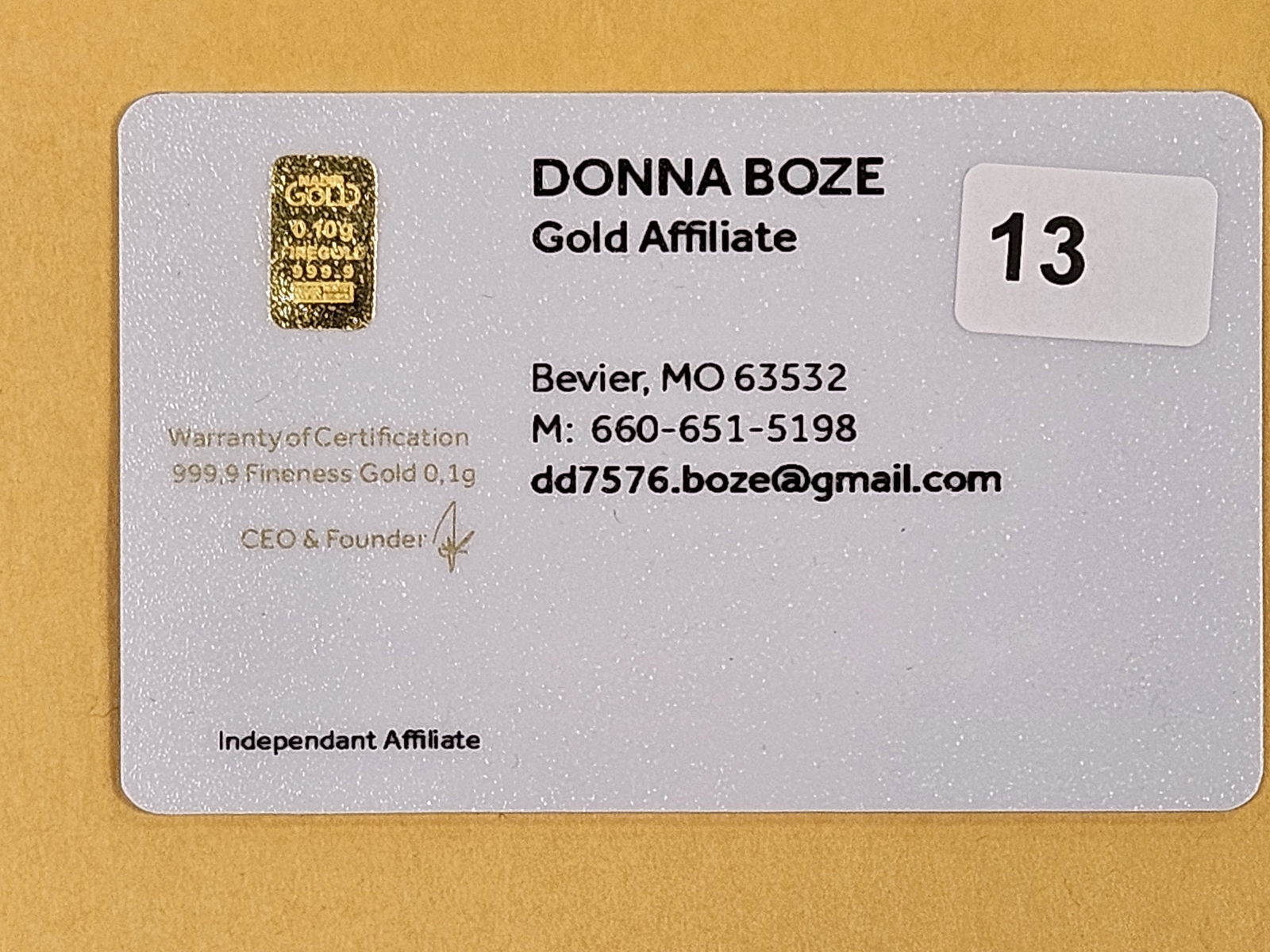 GOLD! KARATBARS .1 gram .9999 fine gold bar: In advertising card. Point one gram (.1) 