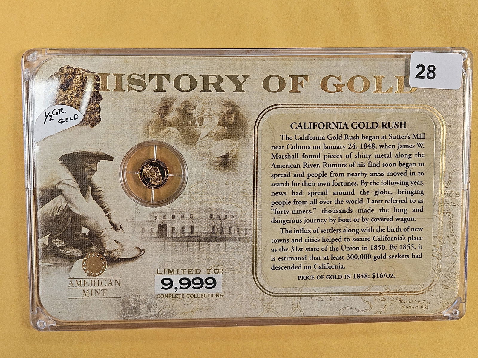 GOLD! History of Gold GEM Proof Gold art round: History of the California Gold Rush. Half-gram 