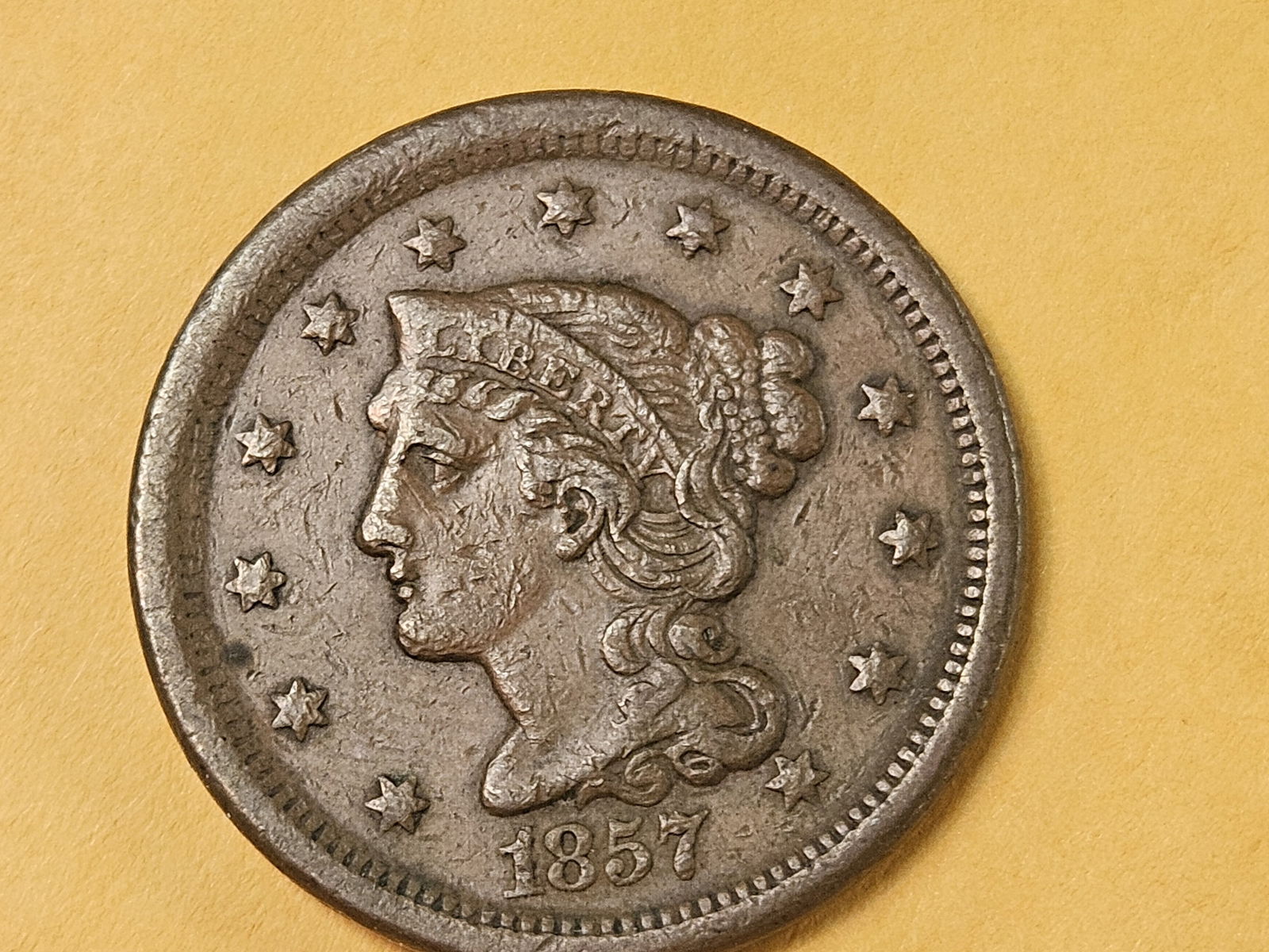 1857 Braided Hair Large Cent in About Uncirculated plus (1 of 6)