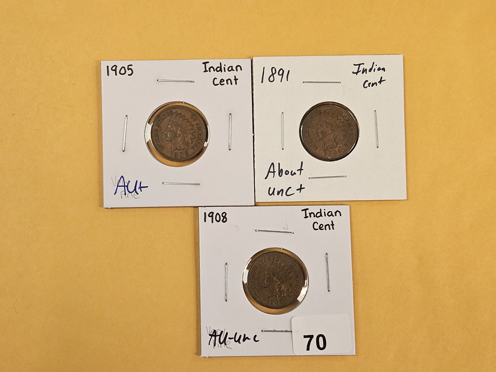 Three lovely Indian Cents in AU plus to AU-BU condition: 1905, 1891 and 1908 