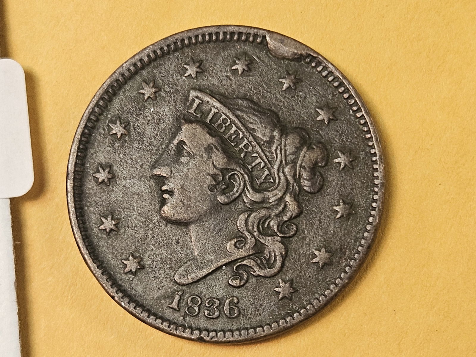 1836 Coronet Head large cent in Very Fine!: Has a lovely cud on the obverse at the 1 oclock position 