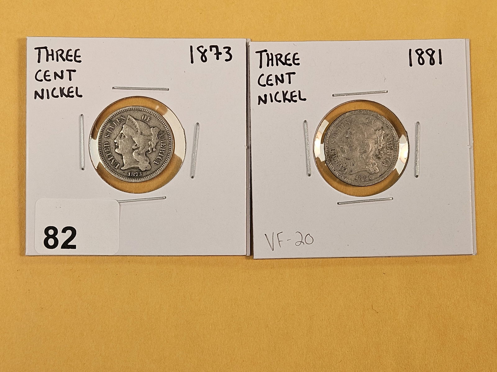 Two Three Cent Nickels in Very Good and Extra Fine - details (1 of 5)