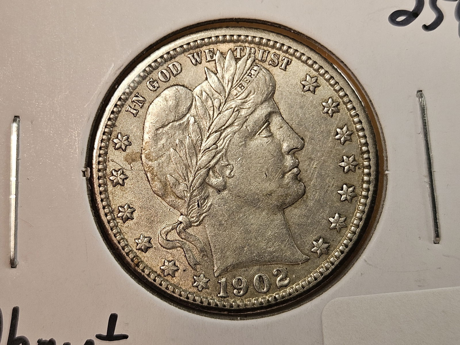 Bright About Uncirculated plus 1902 Barber Quarter: Light patina 