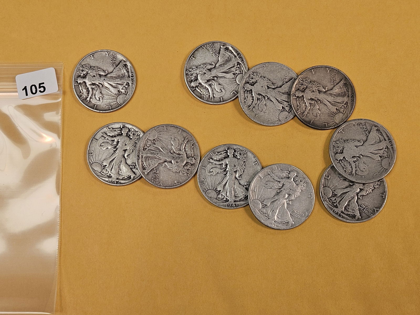 Ten mixed silver Walking Liberty Half Dollars: Circulated 