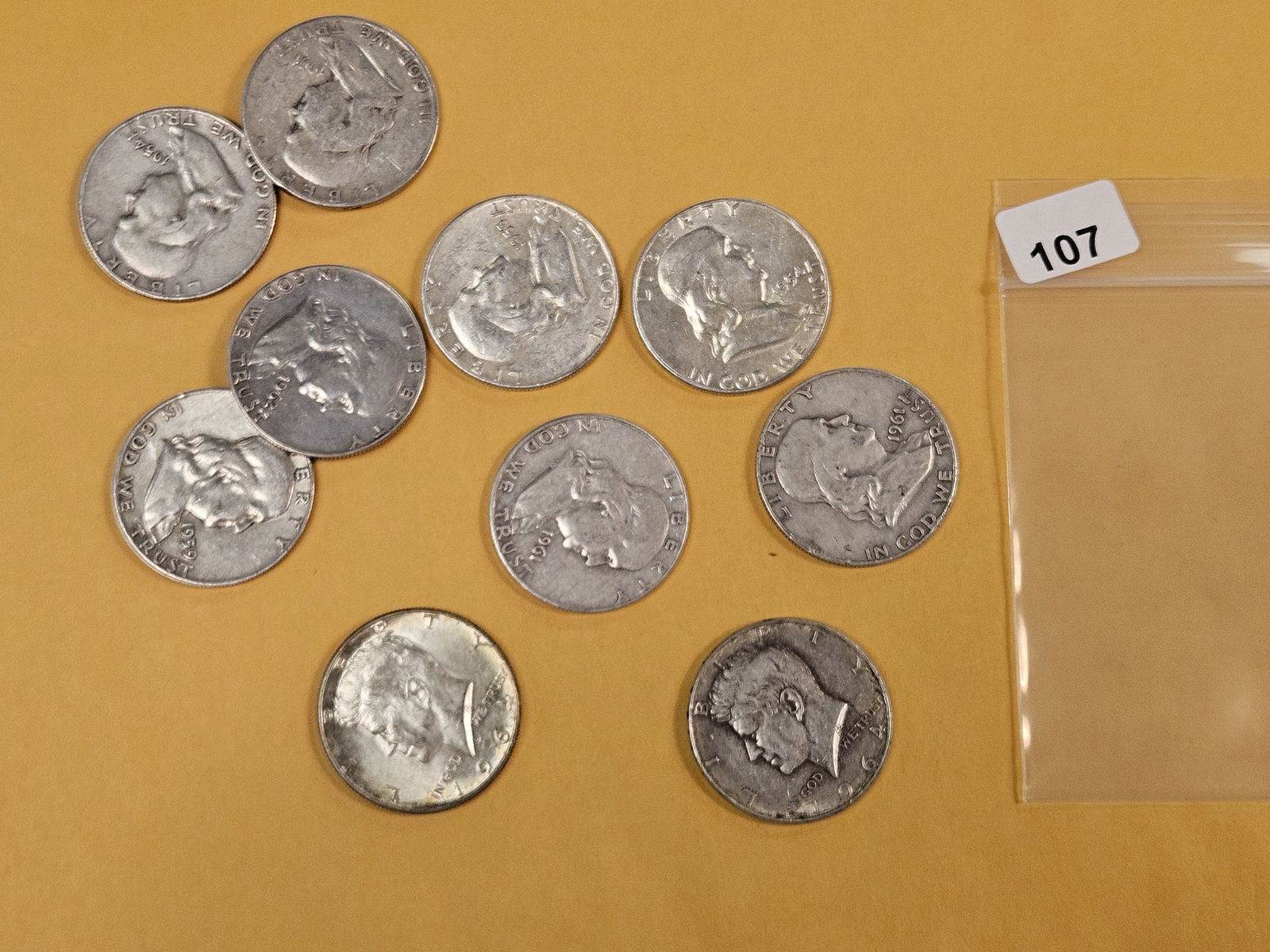 Ten mixed silver Franklin and 1964 Kennedy Half Dollars (1 of 1)