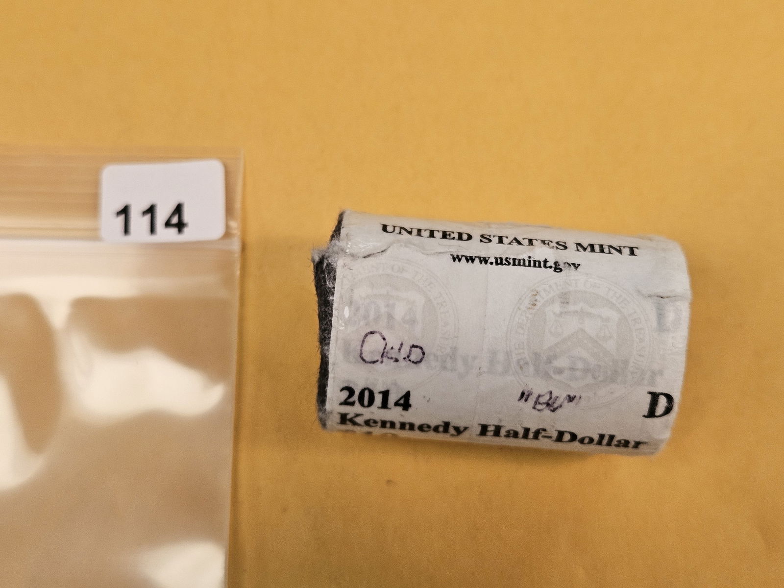 Original US MINT-wrapped roll of 2014-D Kennedy half Dollars: Ends are gem. From consignor. Unopened 