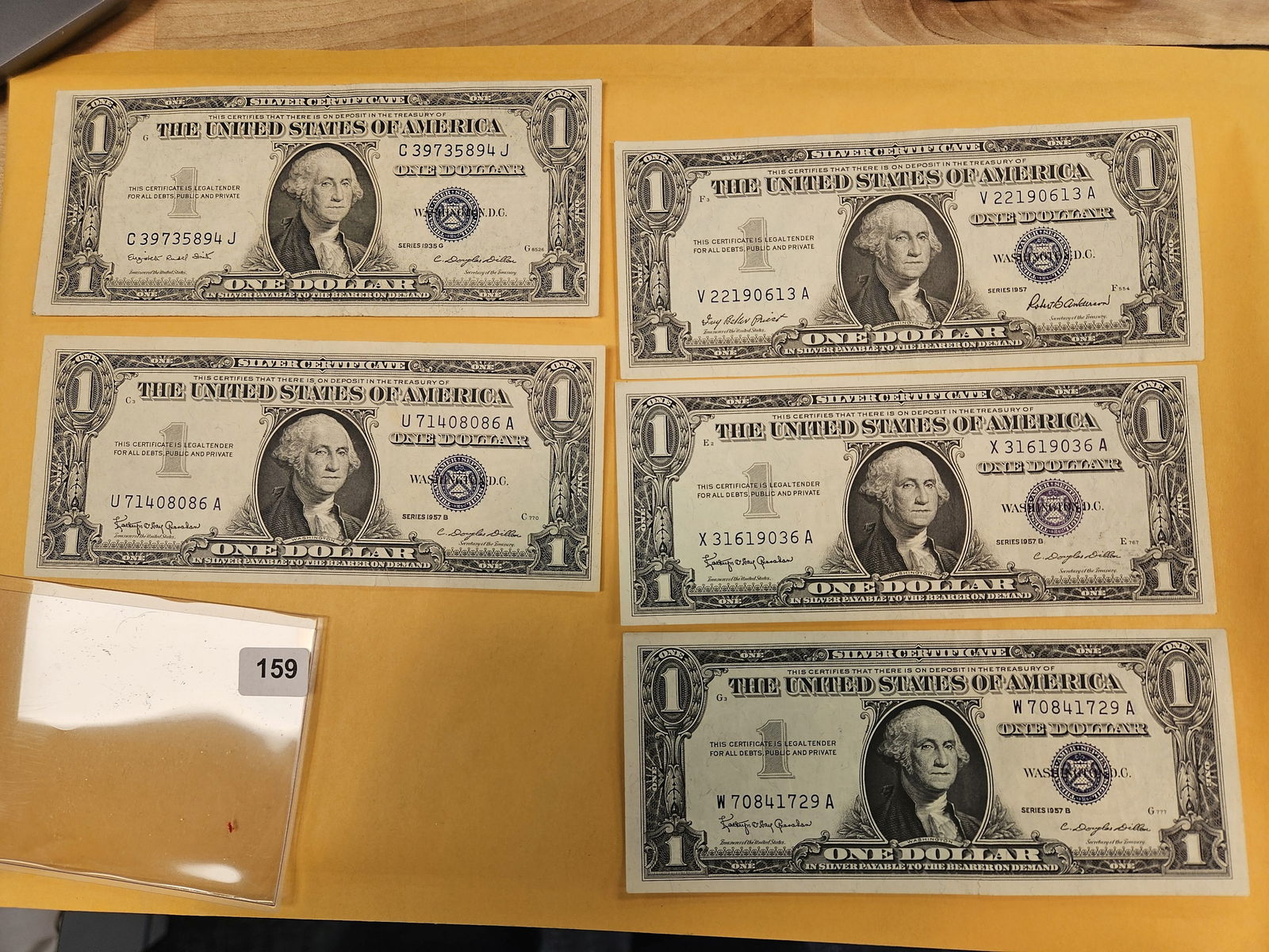 Five Crisp One Dollar Silver Certificates: AU to UNC 