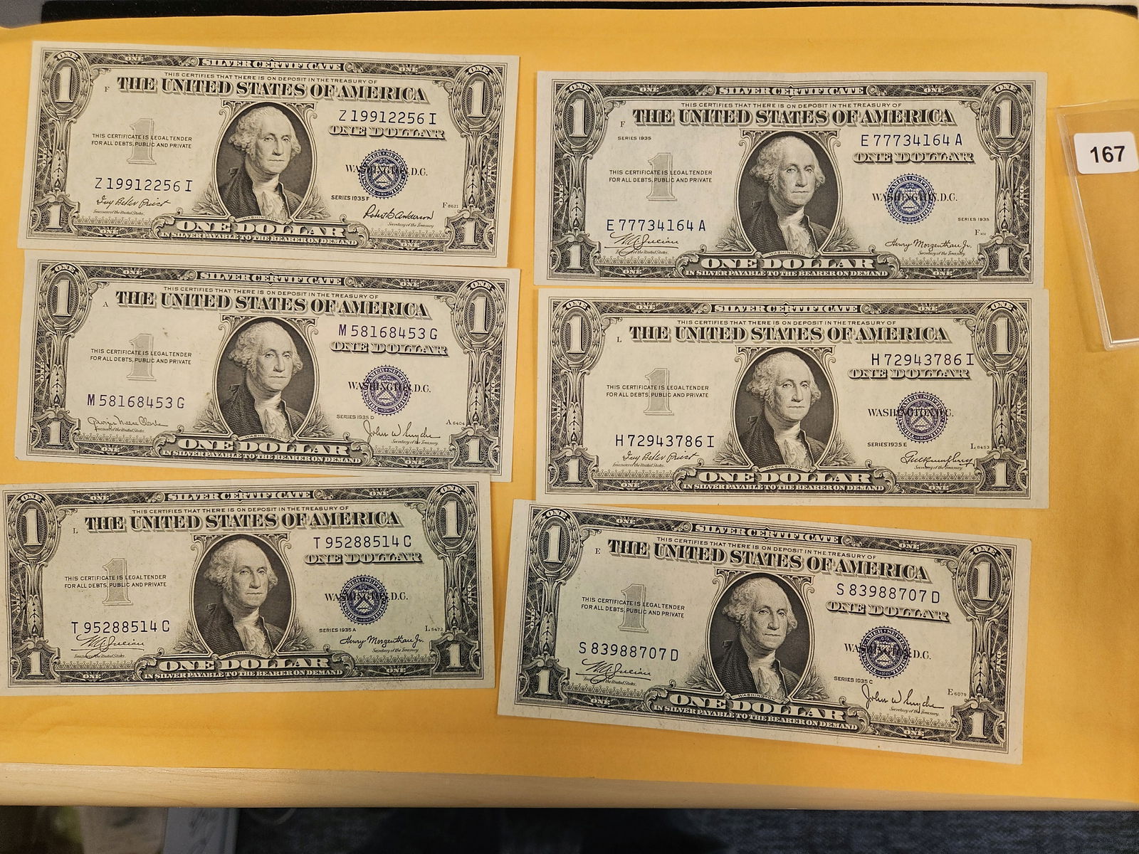 Six Crisp Uncirculated One Dollar Silver Certificates: Mixed 