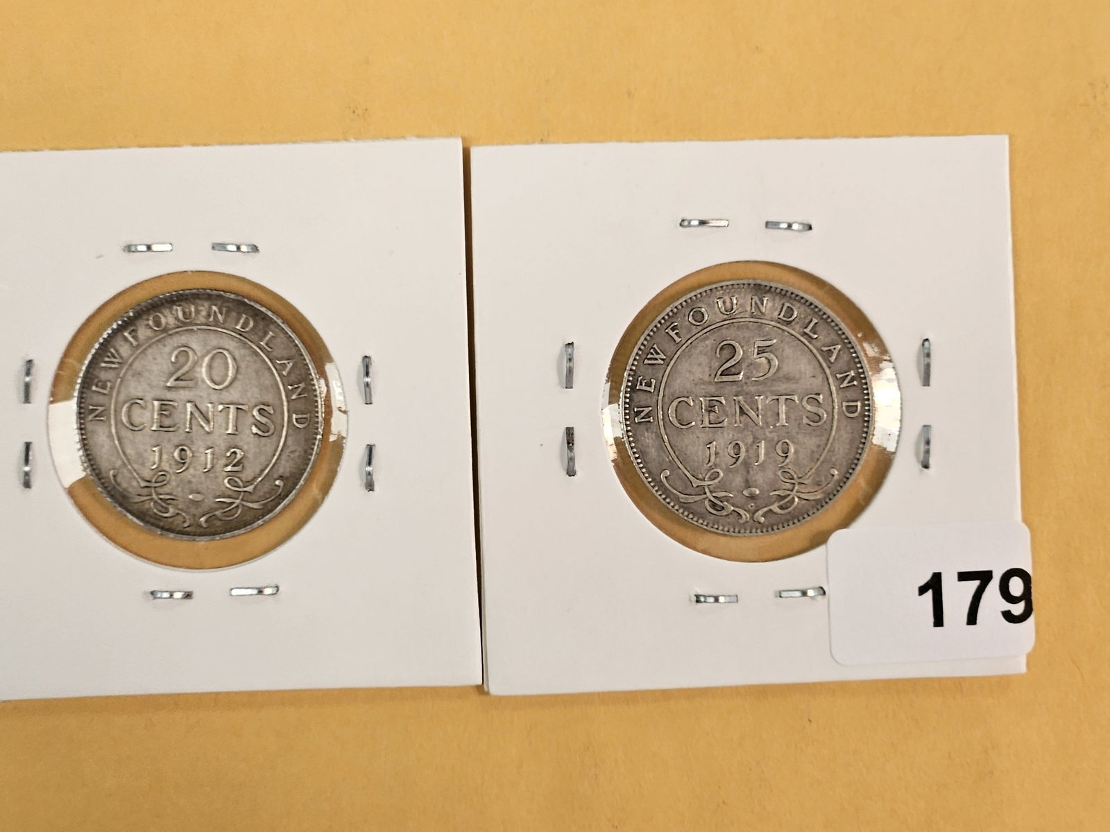 1912 and 1919 Newfoundland silver coins: 20 cent and 25 cent. Both silver 