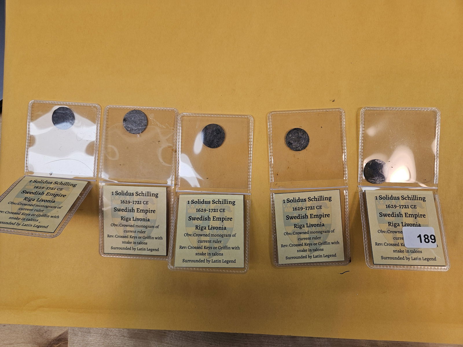 Five Swedish Empire Riga Livonia 1 solidus schilling: Each in holder with informational card 