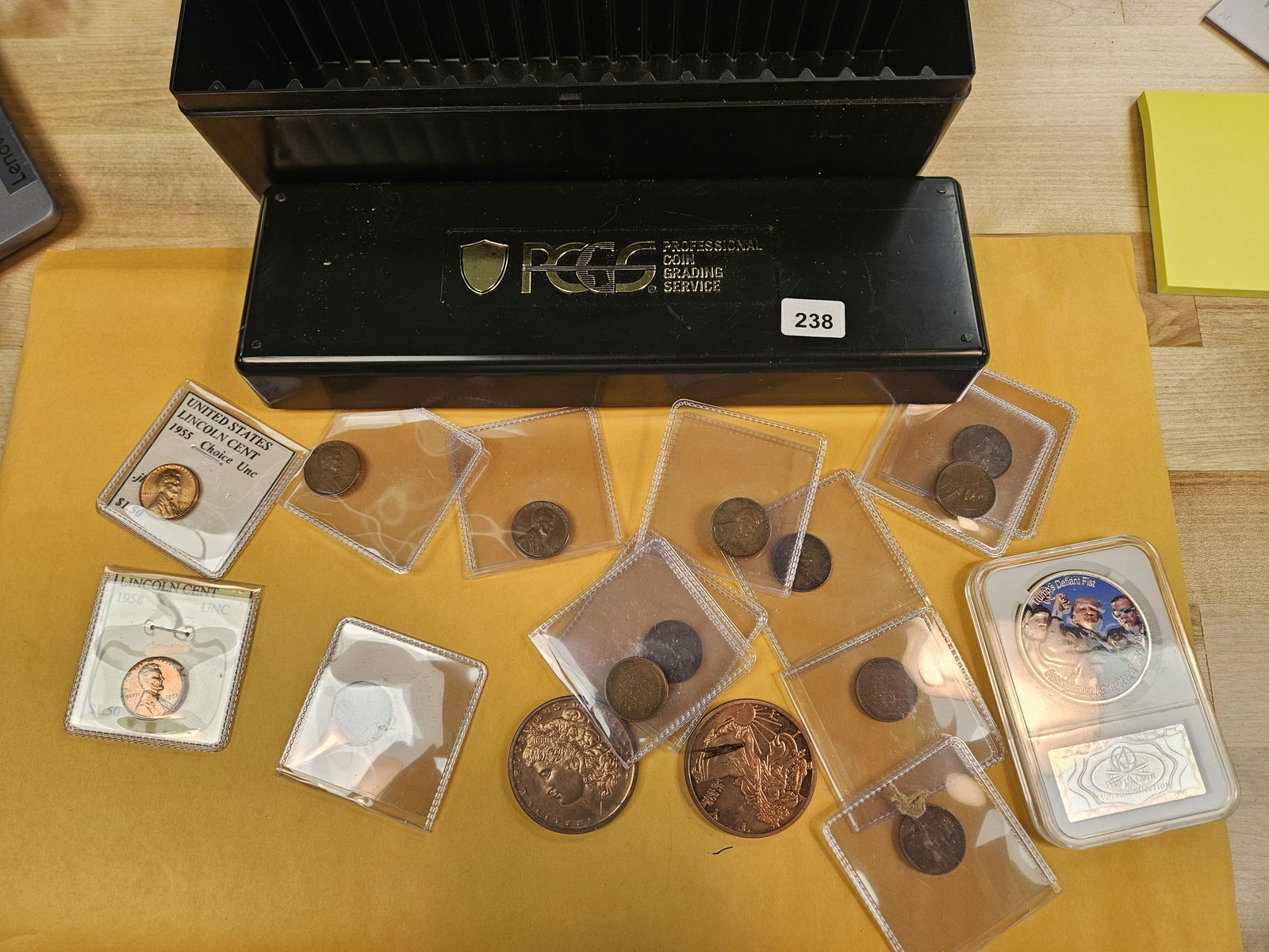 HODGE-PODGE Lot: Mix of BU and circulated Wheaties, a (non-silver) Trump coin, 2 copper rounds and a PCGS (black) slab holder 