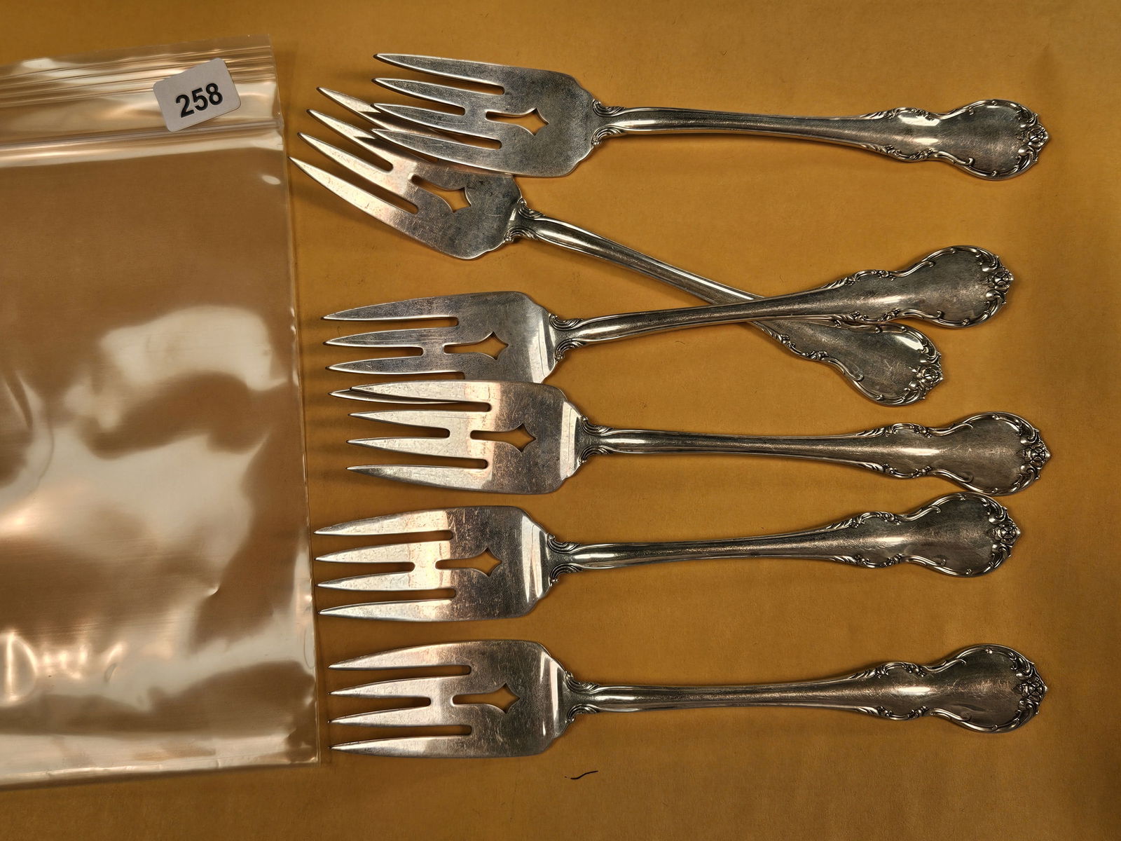 Six Sterling Silver Forks: 228.2 grams. 7.33 troy ounces. Towle Sterling. French Provisional 